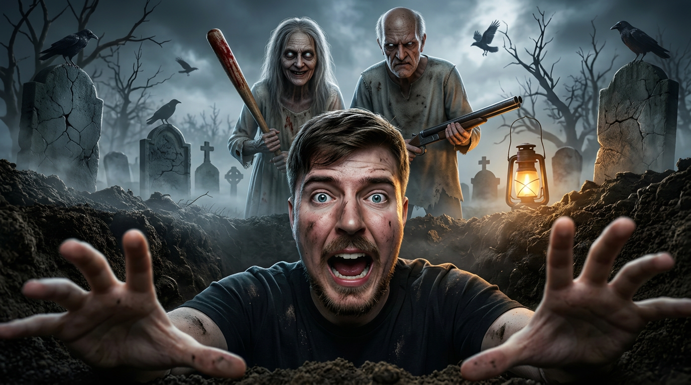 AI Design for Replace the existing old woman and old man with ultra-realistic versions of the original horror game Granny and Grandpa while preserving their iconic appearance and instantly recognizable design.
Keep the exact same composition, camera angle, perspective, lighting, grave position, cemetery environment, and overall cinematic layout.
Granny:
- Pale grey skin
- Empty glowing white eyes
- Thin dirty white dress
- Bald or very thin grey hair
- Creepy sinister smile
- Holding her iconic wooden bat with realistic worn texture
- Hyper-realistic skin details and horror atmosphere
Grandpa:
- Thin elderly man with pale skin
- Empty glowing white eyes
- Dirty worn-out clothes
- Angry terrifying facial expression
- Holding his iconic weapon
- Hyper-realistic facial textures with cinematic horror lighting
The environment must remain:
- Dark haunted graveyard
- Thick volumetric fog
- Dead trees
- Broken tombstones
- Black crows
- Cold blue moonlight
- Warm lantern glow
- Dramatic HDR lighting
- Volumetric shadows
- Cinematic atmosphere
The person trapped inside the grave must remain unchanged with an extremely terrified expression, realistic dirt on the face and hands, and both hands reaching toward the camera.
Style:
100% photorealistic, ultra-realistic, Unreal Engine 5 quality, AAA horror game cinematic, 8K render quality, HDR, global illumination, ultra-detailed textures, realistic skin pores, dramatic rim lighting, maximum realism, professional viral YouTube thumbnail, 16:9, 4K, ultra sharp, no blur, no watermark, no extra text.