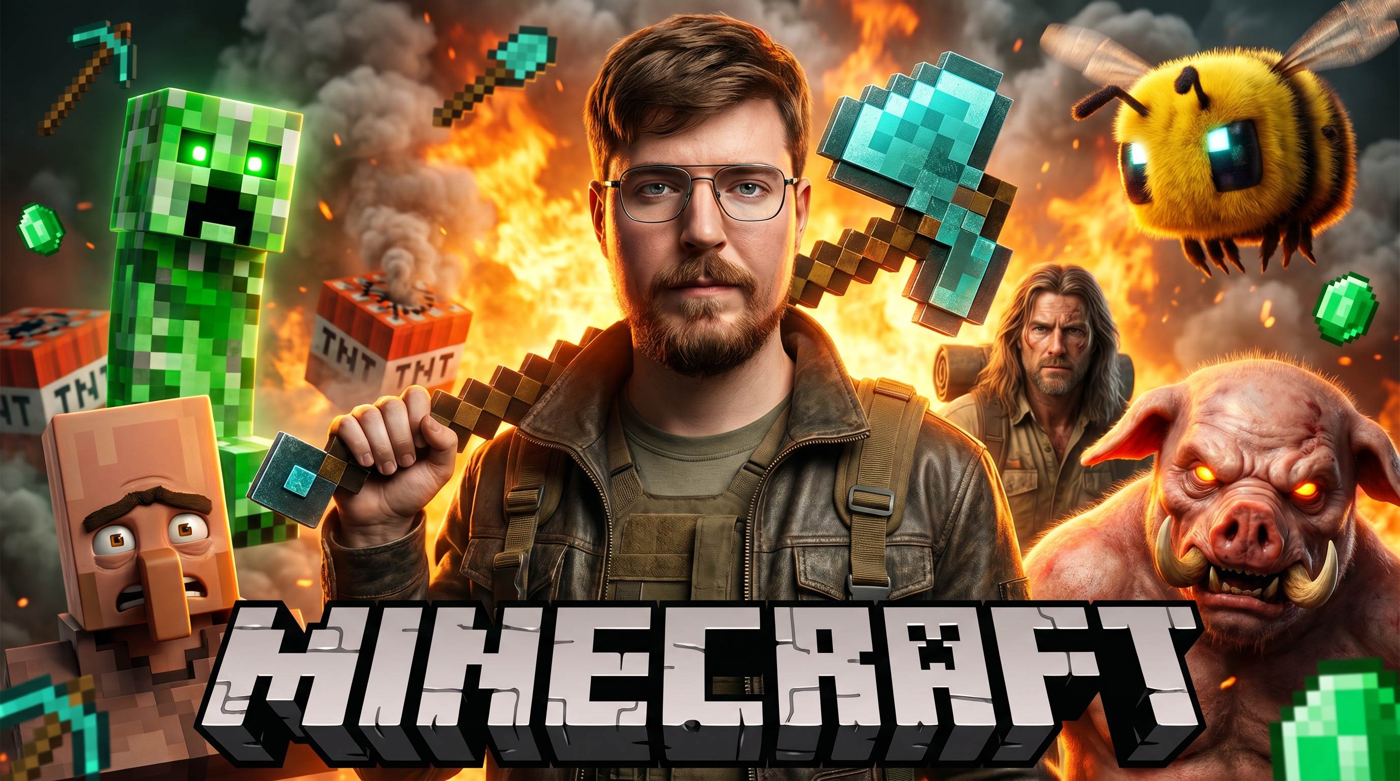 AI Design for Create an ultra-realistic 4K cinematic YouTube thumbnail inspired by a dramatic Minecraft adventure theme.
Composition:
- A confident bearded man with glasses standing in the exact center, looking directly at the camera with a serious expression.
- He is holding a large pixel-style Minecraft axe over his shoulder.
- Background features a fiery orange explosion mixed with realistic smoke, soft depth of field, and cinematic atmosphere.
- Around him are highly detailed realistic Minecraft-inspired mobs and creatures:
• A glowing green Creeper on the left with bright neon eyes.
• A realistic Villager in the lower left corner with expressive eyes.
• A rugged long-haired explorer behind the main subject.
• A giant fuzzy yellow bee with glowing eyes in the upper right.
• A terrifying realistic Piglin-like creature with glowing orange eyes in the lower right.
• TNT blocks partially visible in the background.
- Floating pixelated Minecraft tools and blocks around the subject for extra visual depth.
Style:
- Hyper realistic
- AAA game cinematic quality
- Ultra detailed skin textures
- Sharp facial details
- Volumetric lighting
- HDR
- Global illumination
- Dramatic rim light
- High contrast
- Realistic shadows
- Orange and green color grading
- Professional YouTube thumbnail composition
- Crisp focus
- Extreme depth
- Epic atmosphere
- Unreal Engine 5 quality
- 8K render quality
- Photorealistic
- Highly detailed
- Vibrant colors
- Viral gaming thumbnail style
Typography:
- Large bold 3D block text "MINECRAFT" at the bottom in iconic pixel-inspired style with metallic white and gray shading, thick shadow, and premium gaming thumbnail look.
Aspect Ratio:
16:9 (3840×2160), optimized for YouTube thumbnail, ultra sharp, no blur, no watermark, no extra text.