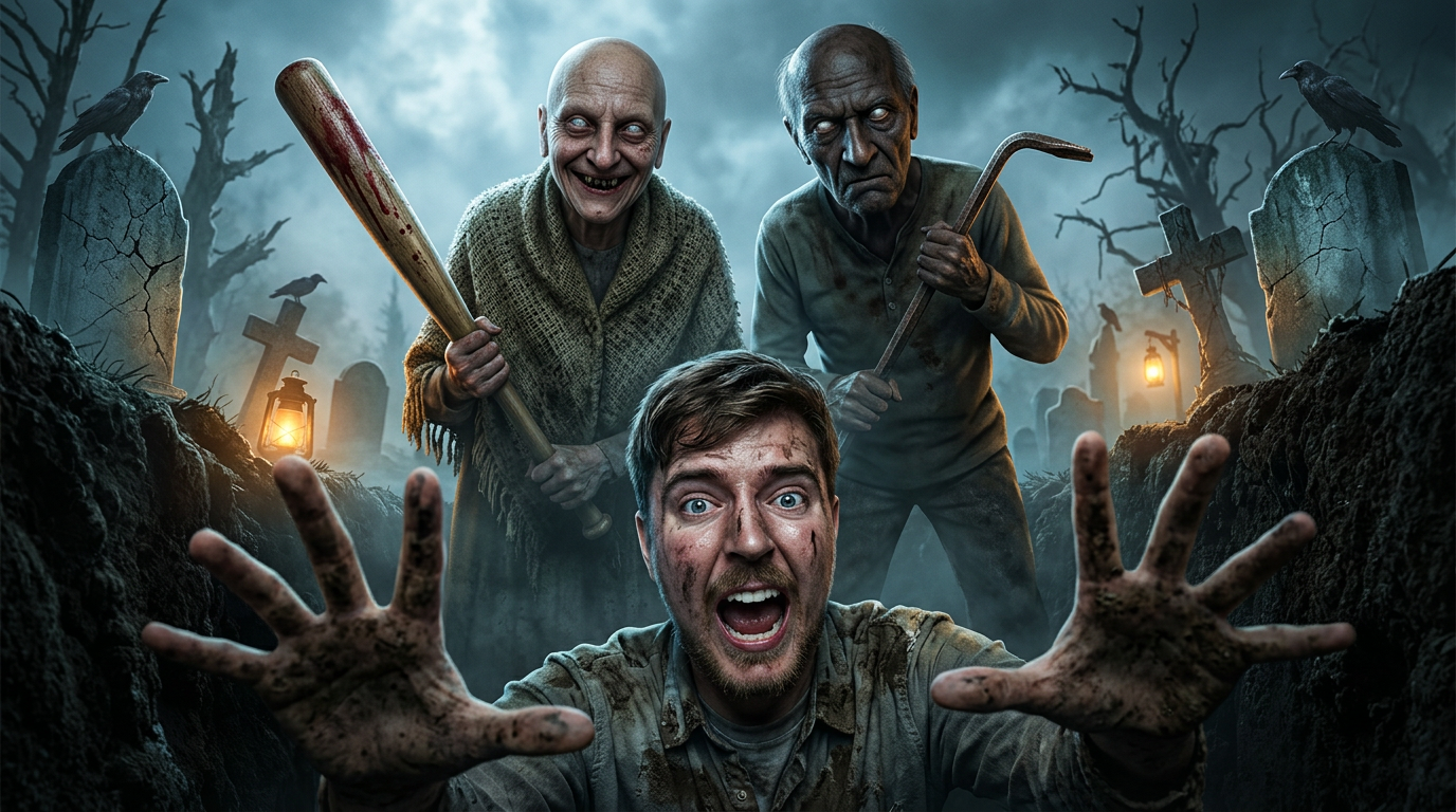AI Design for Create an ultra-realistic 4K cinematic horror YouTube thumbnail.
Scene:
A terrified young man is trapped inside a dark, abandoned grave, desperately trying to climb out with both hands reaching toward the camera. His face shows genuine fear with wide-open eyes, raised eyebrows, sweat, and panic. Dirt and mud cover his clothes and hands.
Behind him, standing at the edge of the grave, are two horrifying old characters inspired by Granny and Grandpa horror-game aesthetics. Granny is holding a blood-stained wooden bat with a creepy smile and glowing pale eyes. Grandpa stands beside her with a rusty weapon and an intimidating expression, both looking directly into the grave.
The grave is surrounded by a haunted cemetery with cracked tombstones, dead trees, thick fog, broken crosses, glowing lanterns, ravens, and eerie moonlight. The atmosphere is dark, terrifying, and cinematic with volumetric fog and dramatic shadows.
Camera Angle:
Extreme wide-angle perspective from inside the grave looking upward, making the viewer feel trapped. Dynamic composition with strong depth and tension.
Lighting:
Moonlight mixed with subtle warm lantern glow, volumetric lighting, cinematic rim light, realistic shadows, HDR, global illumination.
Style:
100% photorealistic, hyper realistic, Unreal Engine 5 quality, ultra detailed facial textures, realistic skin pores, natural expressions, AAA game cinematic quality, 8K render quality, extremely sharp focus, dramatic color grading, horror atmosphere, ultra high detail, professional viral YouTube thumbnail style.
Expression:
The main character must look absolutely terrified, mouth slightly open, eyes full of panic, as if screaming for help.
Quality:
3840×2160 resolution, 16:9 aspect ratio, ultra sharp, no blur, no watermark, no extra text, thumbnail optimized, maximum realism.