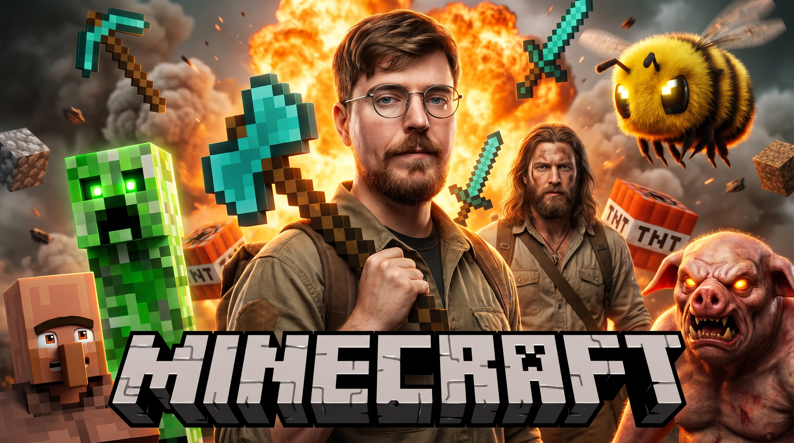 AI Design for Create an ultra-realistic 4K cinematic YouTube thumbnail inspired by a dramatic Minecraft adventure theme.

Composition:
- A confident bearded man with glasses standing in the exact center, looking directly at the camera with a serious expression.
- He is holding a large pixel-style Minecraft axe over his shoulder.
- Background features a fiery orange explosion mixed with realistic smoke, soft depth of field, and cinematic atmosphere.
- Around him are highly detailed realistic Minecraft-inspired mobs and creatures:
  • A glowing green Creeper on the left with bright neon eyes.
  • A realistic Villager in the lower left corner with expressive eyes.
  • A rugged long-haired explorer behind the main subject.
  • A giant fuzzy yellow bee with glowing eyes in the upper right.
  • A terrifying realistic Piglin-like creature with glowing orange eyes in the lower right.
  • TNT blocks partially visible in the background.
- Floating pixelated Minecraft tools and blocks around the subject for extra visual depth.

Style:
- Hyper realistic
- AAA game cinematic quality
- Ultra detailed skin textures
- Sharp facial details
- Volumetric lighting
- HDR
- Global illumination
- Dramatic rim light
- High contrast
- Realistic shadows
- Orange and green color grading
- Professional YouTube thumbnail composition
- Crisp focus
- Extreme depth
- Epic atmosphere
- Unreal Engine 5 quality
- 8K render quality
- Photorealistic
- Highly detailed
- Vibrant colors
- Viral gaming thumbnail style

Typography:
- Large bold 3D block text "MINECRAFT" at the bottom in iconic pixel-inspired style with metallic white and gray shading, thick shadow, and premium gaming thumbnail look.

Aspect Ratio:
16:9 (3840×2160), optimized for YouTube thumbnail, ultra sharp, no blur, no watermark, no extra text.