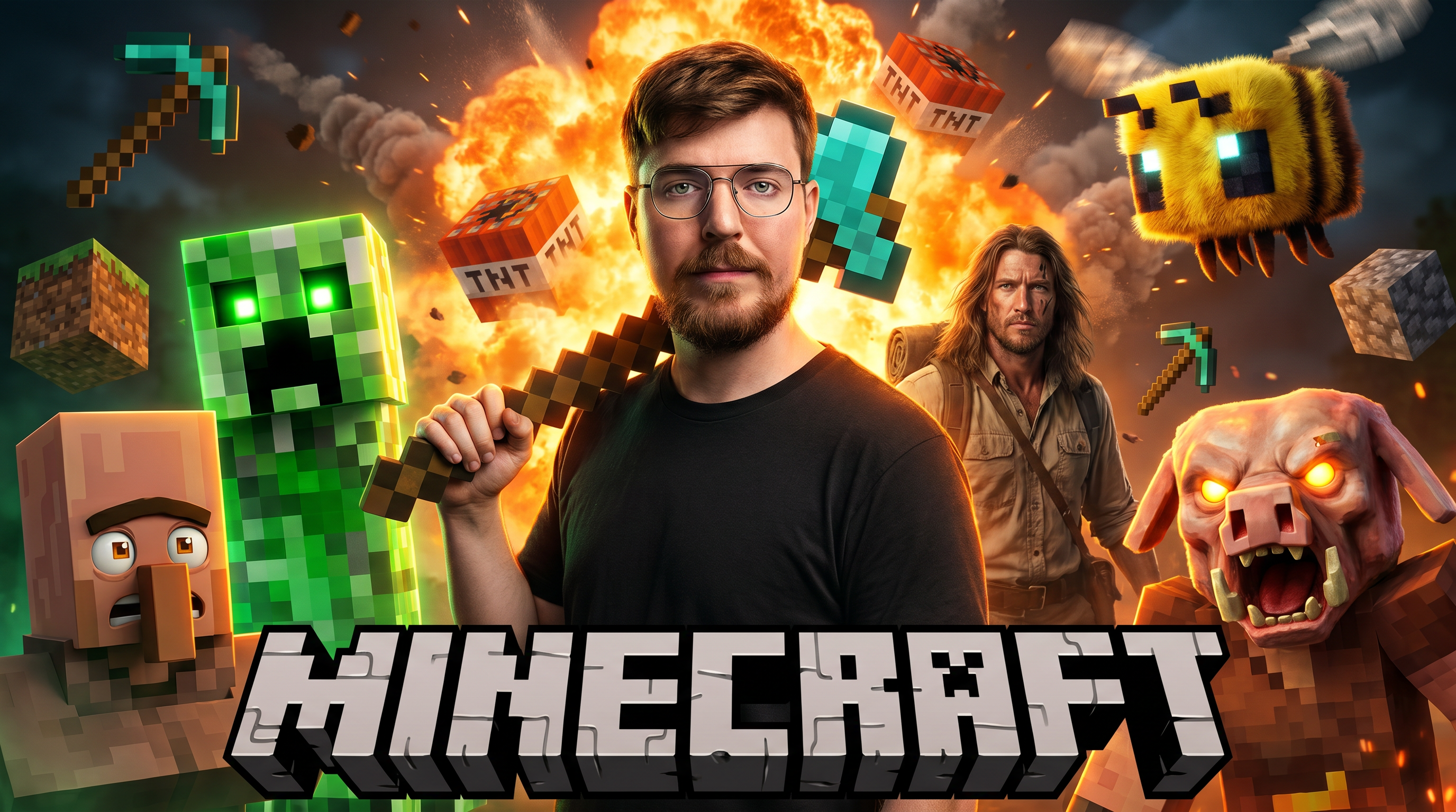 AI Design for Create an ultra-realistic 4K cinematic YouTube thumbnail inspired by a dramatic Minecraft adventure theme.

Composition:
- A confident bearded man with glasses standing in the exact center, looking directly at the camera with a serious expression.
- He is holding a large pixel-style Minecraft axe over his shoulder.
- Background features a fiery orange explosion mixed with realistic smoke, soft depth of field, and cinematic atmosphere.
- Around him are highly detailed realistic Minecraft-inspired mobs and creatures:
  • A glowing green Creeper on the left with bright neon eyes.
  • A realistic Villager in the lower left corner with expressive eyes.
  • A rugged long-haired explorer behind the main subject.
  • A giant fuzzy yellow bee with glowing eyes in the upper right.
  • A terrifying realistic Piglin-like creature with glowing orange eyes in the lower right.
  • TNT blocks partially visible in the background.
- Floating pixelated Minecraft tools and blocks around the subject for extra visual depth.

Style:
- Hyper realistic
- AAA game cinematic quality
- Ultra detailed skin textures
- Sharp facial details
- Volumetric lighting
- HDR
- Global illumination
- Dramatic rim light
- High contrast
- Realistic shadows
- Orange and green color grading
- Professional YouTube thumbnail composition
- Crisp focus
- Extreme depth
- Epic atmosphere
- Unreal Engine 5 quality
- 8K render quality
- Photorealistic
- Highly detailed
- Vibrant colors
- Viral gaming thumbnail style

Typography:
- Large bold 3D block text "MINECRAFT" at the bottom in iconic pixel-inspired style with metallic white and gray shading, thick shadow, and premium gaming thumbnail look.

Aspect Ratio:
16:9 (3840×2160), optimized for YouTube thumbnail, ultra sharp, no blur, no watermark, no extra text.