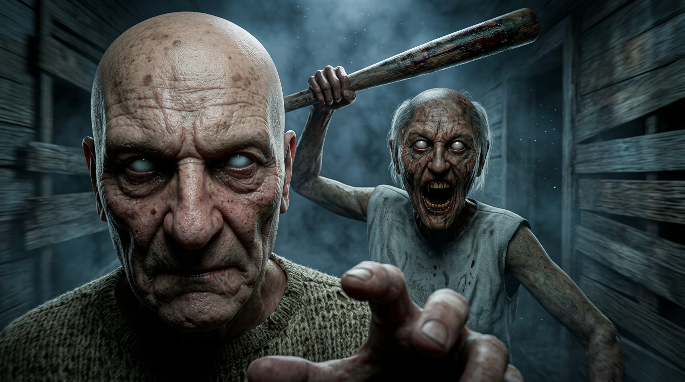 AI Design for Ultra-realistic 4K cinematic horror YouTube thumbnail. The main subject (me) is positioned extremely close to the camera in the absolute foreground, occupying around 50–60% of the frame, with a terrified expression, wide-open eyes, raised eyebrows, mouth slightly open in panic, looking directly at the viewer while running away. Granny and Grandpa are directly behind me, only a few steps away, aggressively chasing me, creating an intense sense of danger. Keep Granny and Grandpa's faces, glowing white eyes, wrinkles, skin texture, hair, clothing, and overall appearance 100% identical to the provided reference image with no facial changes. Granny is holding her blood-stained bat raised to attack, Grandpa has the same cold, emotionless stare and realistic appearance. Dark abandoned wooden hallway, eerie blue-gray lighting, cinematic volumetric fog, dust particles, dramatic shadows, realistic motion blur, high tension, survival horror atmosphere, HDR, ray-traced lighting, hyper-detailed textures, ultra-photorealistic skin, sharp focus on me, slightly blurred background for depth, extreme realism, AAA game-quality visuals, Hollywood horror movie style, 8K render quality, crystal-clear 4K thumbnail, highly clickable, no cartoon or CGI look.