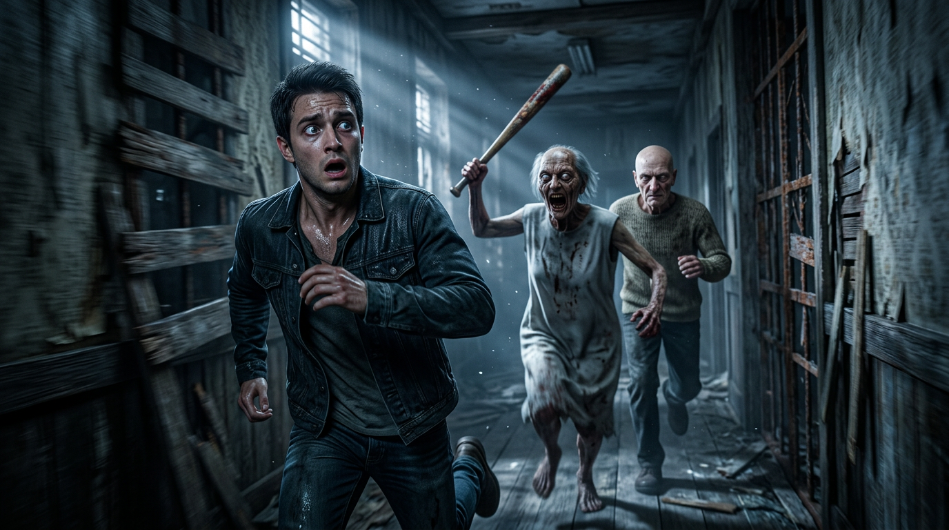 AI Design for Ultra-realistic 4K horror cinematic scene, inspired by the uploaded Granny and Grandpa characters, keeping Granny and Grandpa's faces, expressions, skin details, wrinkles, glowing white eyes, hair, clothing style, and overall appearance 100% consistent with the reference image. A terrified young man is sprinting through a dark abandoned wooden hallway after escaping from them, looking back with a shocked and fearful expression. Granny is aggressively chasing with her blood-stained bat raised, Grandpa is running closely behind with a cold, emotionless stare. Motion blur on the chase, dramatic volumetric fog, dusty air, broken wooden walls, eerie blue-gray lighting, realistic shadows, intense horror atmosphere, cinematic composition, hyper-detailed textures, ultra-photorealistic skin, lifelike lighting, HDR, depth of field, 8K quality rendered in 4K, extremely realistic, no cartoon style, no CGI look, high contrast, terrifying survival horror mood.