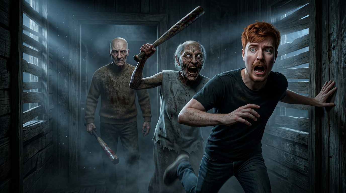 AI Design for Ultra-realistic 4K horror cinematic scene, inspired by the uploaded Granny and Grandpa characters, keeping Granny and Grandpa's faces, expressions, skin details, wrinkles, glowing white eyes, hair, clothing style, and overall appearance 100% consistent with the reference image. A terrified young man is sprinting through a dark abandoned wooden hallway after escaping from them, looking back with a shocked and fearful expression. Granny is aggressively chasing with her blood-stained bat raised, Grandpa is running closely behind with a cold, emotionless stare. Motion blur on the chase, dramatic volumetric fog, dusty air, broken wooden walls, eerie blue-gray lighting, realistic shadows, intense horror atmosphere, cinematic composition, hyper-detailed textures, ultra-photorealistic skin, lifelike lighting, HDR, depth of field, 8K quality rendered in 4K, extremely realistic, no cartoon style, no CGI look, high contrast, terrifying survival horror mood.
