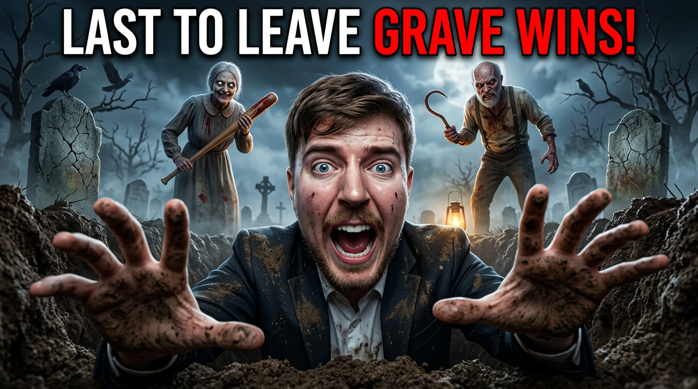 AI Design for Create an ultra-realistic 4K cinematic horror YouTube thumbnail.
Scene:
A terrified young man is trapped inside a dark, abandoned grave, desperately trying to climb out with both hands reaching toward the camera. His face shows genuine fear with wide-open eyes, raised eyebrows, sweat, and panic. Dirt and mud cover his clothes and hands.
Behind him, standing at the edge of the grave, are two horrifying old characters inspired by Granny and Grandpa horror-game aesthetics. Granny is holding a blood-stained wooden bat with a creepy smile and glowing pale eyes. Grandpa stands beside her with a rusty weapon and an intimidating expression, both looking directly into the grave.
The grave is surrounded by a haunted cemetery with cracked tombstones, dead trees, thick fog, broken crosses, glowing lanterns, ravens, and eerie moonlight. The atmosphere is dark, terrifying, and cinematic with volumetric fog and dramatic shadows.
Camera Angle:
Extreme wide-angle perspective from inside the grave looking upward, making the viewer feel trapped. Dynamic composition with strong depth and tension.
Lighting:
Moonlight mixed with subtle warm lantern glow, volumetric lighting, cinematic rim light, realistic shadows, HDR, global illumination.
Style:
100% photorealistic, hyper realistic, Unreal Engine 5 quality, ultra detailed facial textures, realistic skin pores, natural expressions, AAA game cinematic quality, 8K render quality, extremely sharp focus, dramatic color grading, horror atmosphere, ultra high detail, professional viral YouTube thumbnail style.
Expression:
The main character must look absolutely terrified, mouth slightly open, eyes full of panic, as if screaming for help.
Quality:
3840×2160 resolution, 16:9 aspect ratio, ultra sharp, no blur, no watermark, no extra text, thumbnail optimized, maximum realism.