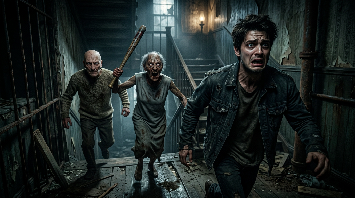 AI Design for Ultra-realistic 4K horror cinematic scene, inspired by the uploaded Granny and Grandpa characters, keeping Granny and Grandpa's faces, expressions, skin details, wrinkles, glowing white eyes, hair, clothing style, and overall appearance 100% consistent with the reference image. A terrified young man is sprinting through a dark abandoned wooden hallway after escaping from them, looking back with a shocked and fearful expression. Granny is aggressively chasing with her blood-stained bat raised, Grandpa is running closely behind with a cold, emotionless stare. Motion blur on the chase, dramatic volumetric fog, dusty air, broken wooden walls, eerie blue-gray lighting, realistic shadows, intense horror atmosphere, cinematic composition, hyper-detailed textures, ultra-photorealistic skin, lifelike lighting, HDR, depth of field, 8K quality rendered in 4K, extremely realistic, no cartoon style, no CGI look, high contrast, terrifying survival horror mood.