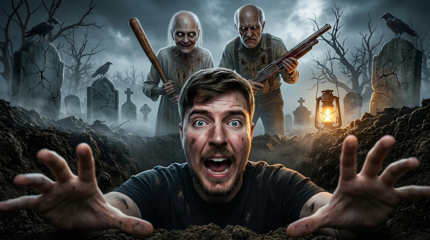 AI Design for Replace the existing old woman and old man with ultra-realistic versions of the original horror game Granny and Grandpa while preserving their iconic appearance and instantly recognizable design.
Keep the exact same composition, camera angle, perspective, lighting, grave position, cemetery environment, and overall cinematic layout.
Granny:
- Pale grey skin
- Empty glowing white eyes
- Thin dirty white dress
- Bald or very thin grey hair
- Creepy sinister smile
- Holding her iconic wooden bat with realistic worn texture
- Hyper-realistic skin details and horror atmosphere
Grandpa:
- Thin elderly man with pale skin
- Empty glowing white eyes
- Dirty worn-out clothes
- Angry terrifying facial expression
- Holding his iconic weapon
- Hyper-realistic facial textures with cinematic horror lighting
The environment must remain:
- Dark haunted graveyard
- Thick volumetric fog
- Dead trees
- Broken tombstones
- Black crows
- Cold blue moonlight
- Warm lantern glow
- Dramatic HDR lighting
- Volumetric shadows
- Cinematic atmosphere
The person trapped inside the grave must remain unchanged with an extremely terrified expression, realistic dirt on the face and hands, and both hands reaching toward the camera.
Style:
100% photorealistic, ultra-realistic, Unreal Engine 5 quality, AAA horror game cinematic, 8K render quality, HDR, global illumination, ultra-detailed textures, realistic skin pores, dramatic rim lighting, maximum realism, professional viral YouTube thumbnail, 16:9, 4K, ultra sharp, no blur, no watermark, no extra text.
