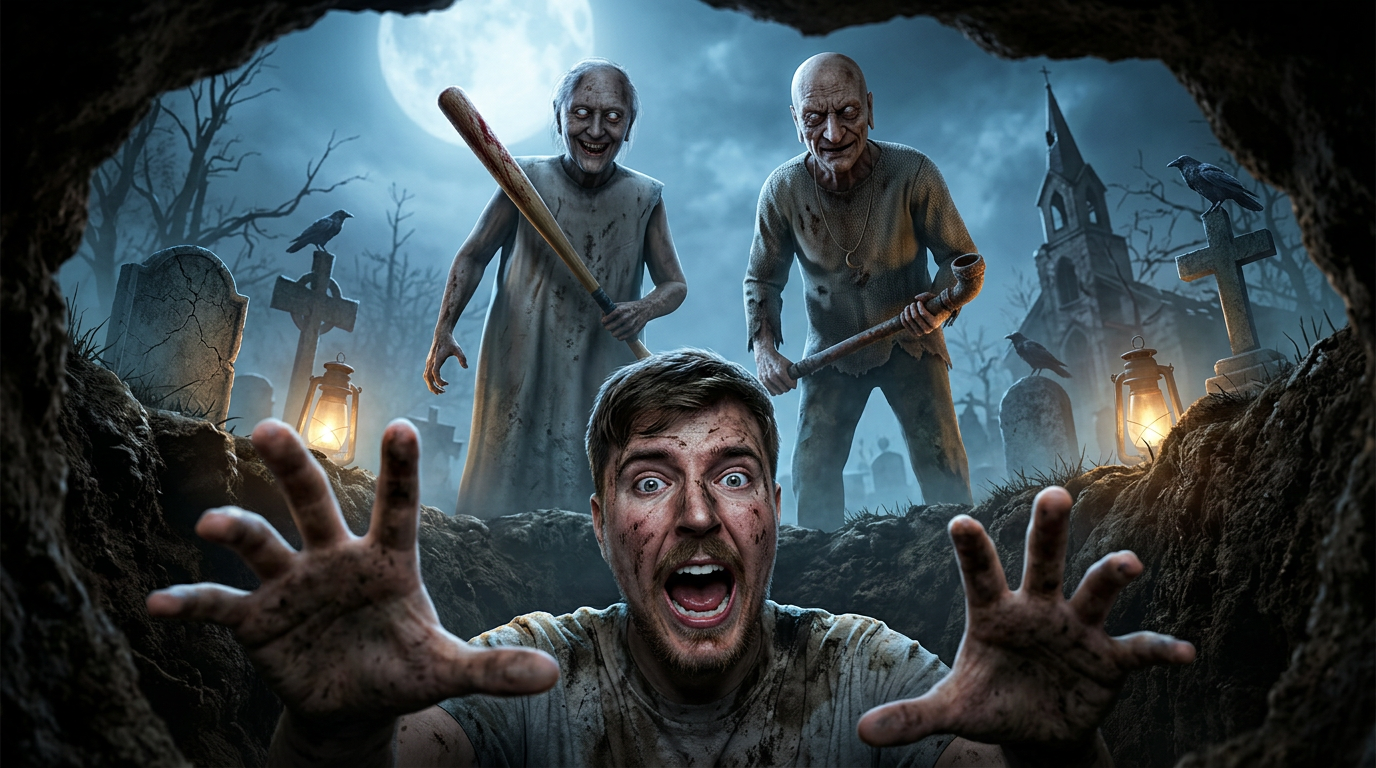 AI Design for Create an ultra-realistic 4K cinematic horror YouTube thumbnail.
Scene:
A terrified young man is trapped inside a dark, abandoned grave, desperately trying to climb out with both hands reaching toward the camera. His face shows genuine fear with wide-open eyes, raised eyebrows, sweat, and panic. Dirt and mud cover his clothes and hands.
Behind him, standing at the edge of the grave, are two horrifying old characters inspired by Granny and Grandpa horror-game aesthetics. Granny is holding a blood-stained wooden bat with a creepy smile and glowing pale eyes. Grandpa stands beside her with a rusty weapon and an intimidating expression, both looking directly into the grave.
The grave is surrounded by a haunted cemetery with cracked tombstones, dead trees, thick fog, broken crosses, glowing lanterns, ravens, and eerie moonlight. The atmosphere is dark, terrifying, and cinematic with volumetric fog and dramatic shadows.
Camera Angle:
Extreme wide-angle perspective from inside the grave looking upward, making the viewer feel trapped. Dynamic composition with strong depth and tension.
Lighting:
Moonlight mixed with subtle warm lantern glow, volumetric lighting, cinematic rim light, realistic shadows, HDR, global illumination.
Style:
100% photorealistic, hyper realistic, Unreal Engine 5 quality, ultra detailed facial textures, realistic skin pores, natural expressions, AAA game cinematic quality, 8K render quality, extremely sharp focus, dramatic color grading, horror atmosphere, ultra high detail, professional viral YouTube thumbnail style.
Expression:
The main character must look absolutely terrified, mouth slightly open, eyes full of panic, as if screaming for help.
Quality:
3840×2160 resolution, 16:9 aspect ratio, ultra sharp, no blur, no watermark, no extra text, thumbnail optimized, maximum realism.