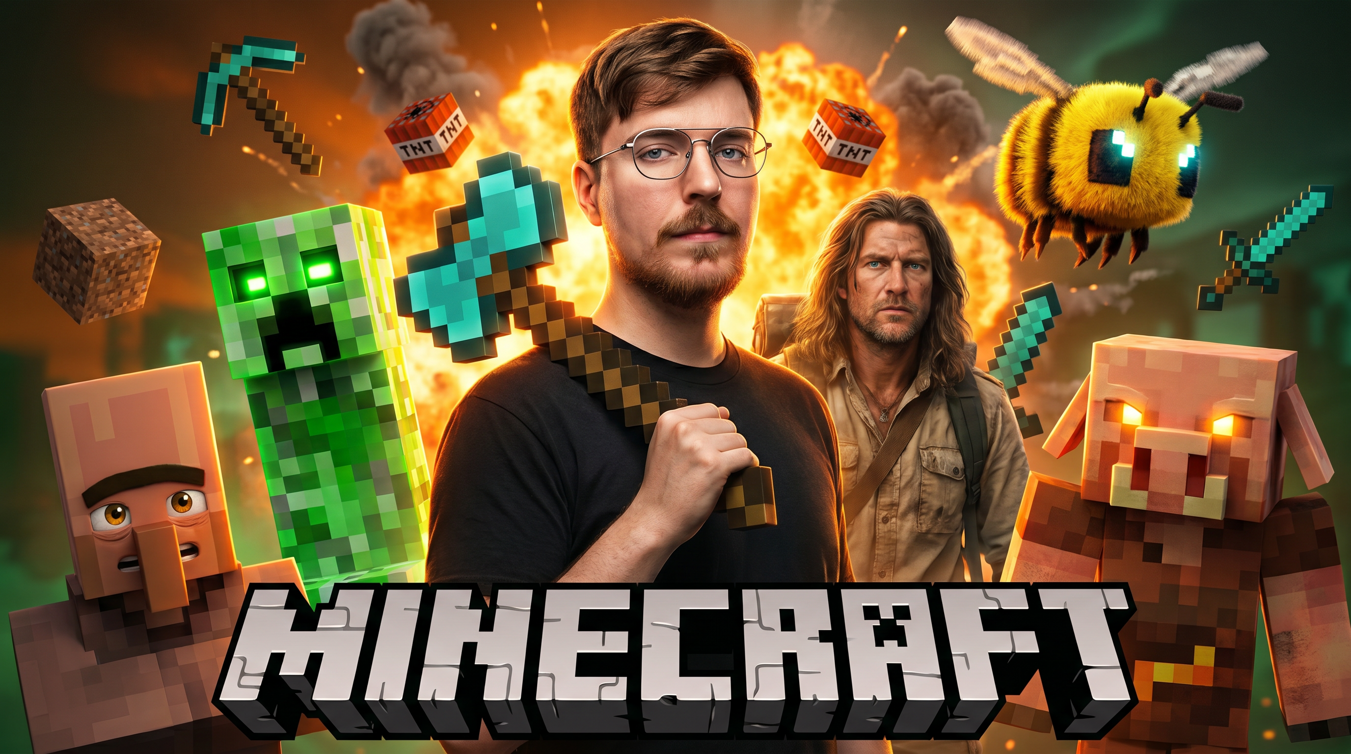 AI Design for Create an ultra-realistic 4K cinematic YouTube thumbnail inspired by a dramatic Minecraft adventure theme.

Composition:
- A confident bearded man with glasses standing in the exact center, looking directly at the camera with a serious expression.
- He is holding a large pixel-style Minecraft axe over his shoulder.
- Background features a fiery orange explosion mixed with realistic smoke, soft depth of field, and cinematic atmosphere.
- Around him are highly detailed realistic Minecraft-inspired mobs and creatures:
  • A glowing green Creeper on the left with bright neon eyes.
  • A realistic Villager in the lower left corner with expressive eyes.
  • A rugged long-haired explorer behind the main subject.
  • A giant fuzzy yellow bee with glowing eyes in the upper right.
  • A terrifying realistic Piglin-like creature with glowing orange eyes in the lower right.
  • TNT blocks partially visible in the background.
- Floating pixelated Minecraft tools and blocks around the subject for extra visual depth.

Style:
- Hyper realistic
- AAA game cinematic quality
- Ultra detailed skin textures
- Sharp facial details
- Volumetric lighting
- HDR
- Global illumination
- Dramatic rim light
- High contrast
- Realistic shadows
- Orange and green color grading
- Professional YouTube thumbnail composition
- Crisp focus
- Extreme depth
- Epic atmosphere
- Unreal Engine 5 quality
- 8K render quality
- Photorealistic
- Highly detailed
- Vibrant colors
- Viral gaming thumbnail style

Typography:
- Large bold 3D block text "MINECRAFT" at the bottom in iconic pixel-inspired style with metallic white and gray shading, thick shadow, and premium gaming thumbnail look.

Aspect Ratio:
16:9 (3840×2160), optimized for YouTube thumbnail, ultra sharp, no blur, no watermark, no extra text.