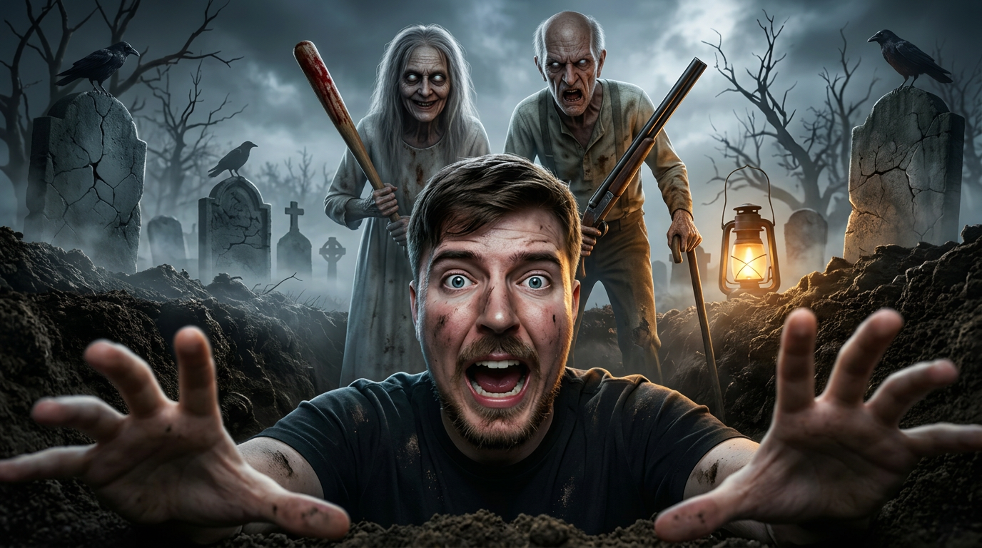 AI Design for Replace the existing old woman and old man with ultra-realistic versions of the original horror game Granny and Grandpa while preserving their iconic appearance and instantly recognizable design.
Keep the exact same composition, camera angle, perspective, lighting, grave position, cemetery environment, and overall cinematic layout.
Granny:
- Pale grey skin
- Empty glowing white eyes
- Thin dirty white dress
- Bald or very thin grey hair
- Creepy sinister smile
- Holding her iconic wooden bat with realistic worn texture
- Hyper-realistic skin details and horror atmosphere
Grandpa:
- Thin elderly man with pale skin
- Empty glowing white eyes
- Dirty worn-out clothes
- Angry terrifying facial expression
- Holding his iconic weapon
- Hyper-realistic facial textures with cinematic horror lighting
The environment must remain:
- Dark haunted graveyard
- Thick volumetric fog
- Dead trees
- Broken tombstones
- Black crows
- Cold blue moonlight
- Warm lantern glow
- Dramatic HDR lighting
- Volumetric shadows
- Cinematic atmosphere
The person trapped inside the grave must remain unchanged with an extremely terrified expression, realistic dirt on the face and hands, and both hands reaching toward the camera.
Style:
100% photorealistic, ultra-realistic, Unreal Engine 5 quality, AAA horror game cinematic, 8K render quality, HDR, global illumination, ultra-detailed textures, realistic skin pores, dramatic rim lighting, maximum realism, professional viral YouTube thumbnail, 16:9, 4K, ultra sharp, no blur, no watermark, no extra text.