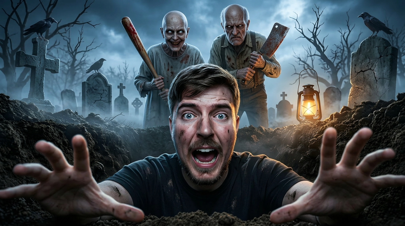 AI Design for Replace the existing old woman and old man with ultra-realistic versions of the original horror game Granny and Grandpa while preserving their iconic appearance and instantly recognizable design.
Keep the exact same composition, camera angle, perspective, lighting, grave position, cemetery environment, and overall cinematic layout.
Granny:
- Pale grey skin
- Empty glowing white eyes
- Thin dirty white dress
- Bald or very thin grey hair
- Creepy sinister smile
- Holding her iconic wooden bat with realistic worn texture
- Hyper-realistic skin details and horror atmosphere
Grandpa:
- Thin elderly man with pale skin
- Empty glowing white eyes
- Dirty worn-out clothes
- Angry terrifying facial expression
- Holding his iconic weapon
- Hyper-realistic facial textures with cinematic horror lighting
The environment must remain:
- Dark haunted graveyard
- Thick volumetric fog
- Dead trees
- Broken tombstones
- Black crows
- Cold blue moonlight
- Warm lantern glow
- Dramatic HDR lighting
- Volumetric shadows
- Cinematic atmosphere
The person trapped inside the grave must remain unchanged with an extremely terrified expression, realistic dirt on the face and hands, and both hands reaching toward the camera.
Style:
100% photorealistic, ultra-realistic, Unreal Engine 5 quality, AAA horror game cinematic, 8K render quality, HDR, global illumination, ultra-detailed textures, realistic skin pores, dramatic rim lighting, maximum realism, professional viral YouTube thumbnail, 16:9, 4K, ultra sharp, no blur, no watermark, no extra text.
