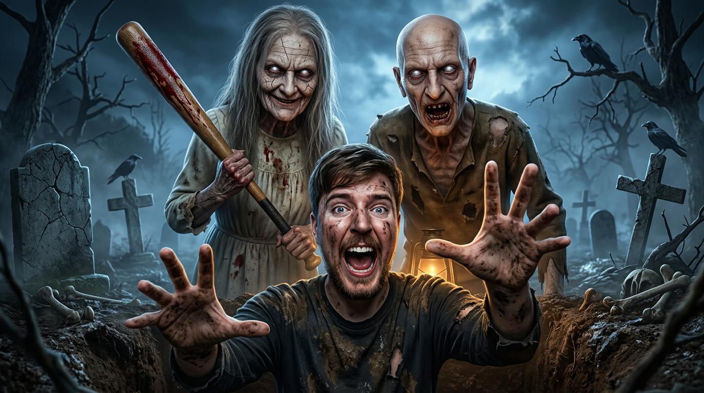 AI Design for Create an ultra-realistic 4K cinematic YouTube thumbnail inspired by the Granny horror game.
Scene:
A terrified young man is trapped deep inside an open grave at night, desperately reaching both hands toward the camera with an expression of pure panic. His face is covered with dirt and sweat, eyes wide open, mouth screaming in fear, and his clothes are muddy and damaged.
Standing directly behind the grave are two horrifying game-inspired characters:
• Granny – an extremely realistic version of the classic horror game character with pale cracked skin, glowing white eyes, long dirty gray hair, a creepy smile, a dirty white dress stained with age and blood, and her iconic wooden bat with dark blood stains.
• Grandpa – an extremely realistic version of the classic horror game character with a bald head, pale aged skin, glowing white eyes, torn dirty clothes, realistic wrinkles, a terrifying expression, and his iconic horror-game appearance.
Environment:
Dark haunted cemetery at midnight, cracked tombstones, dead trees, thick volumetric fog, ravens, broken crosses, scattered bones, muddy ground, eerie blue moonlight mixed with warm lantern light, cinematic smoke and horror atmosphere.
Camera:
Low-angle perspective from inside the grave looking upward, creating a trapped first-person feeling with dramatic depth.
Lighting:
Ultra cinematic HDR lighting, volumetric fog, ray-traced shadows, rim lighting, realistic reflections, dramatic contrast, global illumination.
Style:
100% photorealistic
Hyper realistic
AAA game quality
Hollywood horror movie look
Unreal Engine 5
8K quality rendering
Ultra detailed skin textures
Realistic wrinkles
Natural facial details
High-end horror realism
Professional YouTube thumbnail
Extremely sharp focus
Epic composition
Dark horror color grading
Maximum realism
Output:
3840×2160 (16:9)
No blur
No watermark
No logo
No text
Ultra HD
Thumbnail optimized
Viral click-worthy composition