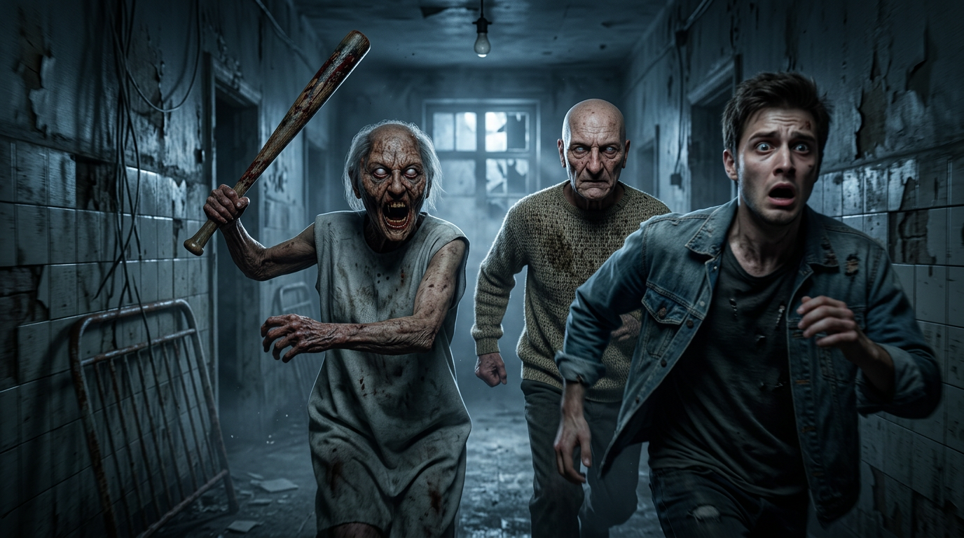 AI Design for Ultra-realistic 4K horror cinematic scene, inspired by the uploaded Granny and Grandpa characters, keeping Granny and Grandpa's faces, expressions, skin details, wrinkles, glowing white eyes, hair, clothing style, and overall appearance 100% consistent with the reference image. A terrified young man is sprinting through a dark abandoned wooden hallway after escaping from them, looking back with a shocked and fearful expression. Granny is aggressively chasing with her blood-stained bat raised, Grandpa is running closely behind with a cold, emotionless stare. Motion blur on the chase, dramatic volumetric fog, dusty air, broken wooden walls, eerie blue-gray lighting, realistic shadows, intense horror atmosphere, cinematic composition, hyper-detailed textures, ultra-photorealistic skin, lifelike lighting, HDR, depth of field, 8K quality rendered in 4K, extremely realistic, no cartoon style, no CGI look, high contrast, terrifying survival horror mood.