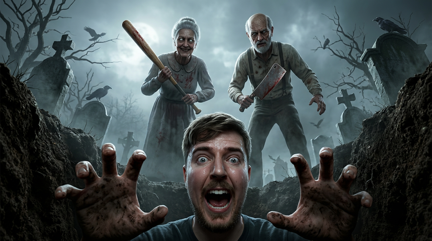AI Design for Create an ultra-realistic 4K cinematic horror YouTube thumbnail.
Scene:
A terrified young man is trapped inside a dark, abandoned grave, desperately trying to climb out with both hands reaching toward the camera. His face shows genuine fear with wide-open eyes, raised eyebrows, sweat, and panic. Dirt and mud cover his clothes and hands.
Behind him, standing at the edge of the grave, are two horrifying old characters inspired by Granny and Grandpa horror-game aesthetics. Granny is holding a blood-stained wooden bat with a creepy smile and glowing pale eyes. Grandpa stands beside her with a rusty weapon and an intimidating expression, both looking directly into the grave.
The grave is surrounded by a haunted cemetery with cracked tombstones, dead trees, thick fog, broken crosses, glowing lanterns, ravens, and eerie moonlight. The atmosphere is dark, terrifying, and cinematic with volumetric fog and dramatic shadows.
Camera Angle:
Extreme wide-angle perspective from inside the grave looking upward, making the viewer feel trapped. Dynamic composition with strong depth and tension.
Lighting:
Moonlight mixed with subtle warm lantern glow, volumetric lighting, cinematic rim light, realistic shadows, HDR, global illumination.
Style:
100% photorealistic, hyper realistic, Unreal Engine 5 quality, ultra detailed facial textures, realistic skin pores, natural expressions, AAA game cinematic quality, 8K render quality, extremely sharp focus, dramatic color grading, horror atmosphere, ultra high detail, professional viral YouTube thumbnail style.
Expression:
The main character must look absolutely terrified, mouth slightly open, eyes full of panic, as if screaming for help.
Quality:
3840×2160 resolution, 16:9 aspect ratio, ultra sharp, no blur, no watermark, no extra text, thumbnail optimized, maximum realism.