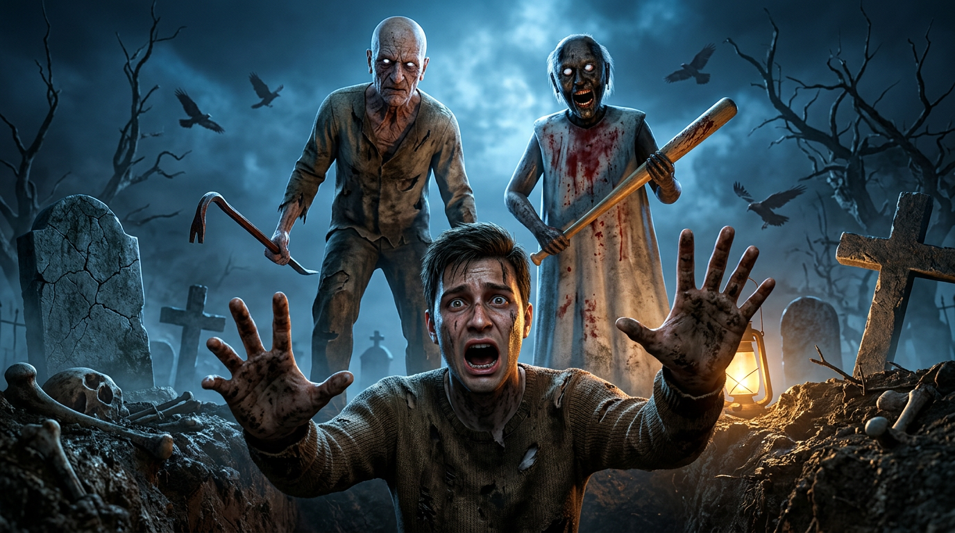 AI Design for Create an ultra-realistic 4K cinematic YouTube thumbnail inspired by the Granny horror game.
Scene:
A terrified young man is trapped deep inside an open grave at night, desperately reaching both hands toward the camera with an expression of pure panic. His face is covered with dirt and sweat, eyes wide open, mouth screaming in fear, and his clothes are muddy and damaged.
Standing directly behind the grave are two horrifying game-inspired characters:
• Granny – an extremely realistic version of the classic horror game character with pale cracked skin, glowing white eyes, long dirty gray hair, a creepy smile, a dirty white dress stained with age and blood, and her iconic wooden bat with dark blood stains.
• Grandpa – an extremely realistic version of the classic horror game character with a bald head, pale aged skin, glowing white eyes, torn dirty clothes, realistic wrinkles, a terrifying expression, and his iconic horror-game appearance.
Environment:
Dark haunted cemetery at midnight, cracked tombstones, dead trees, thick volumetric fog, ravens, broken crosses, scattered bones, muddy ground, eerie blue moonlight mixed with warm lantern light, cinematic smoke and horror atmosphere.
Camera:
Low-angle perspective from inside the grave looking upward, creating a trapped first-person feeling with dramatic depth.
Lighting:
Ultra cinematic HDR lighting, volumetric fog, ray-traced shadows, rim lighting, realistic reflections, dramatic contrast, global illumination.
Style:
100% photorealistic
Hyper realistic
AAA game quality
Hollywood horror movie look
Unreal Engine 5
8K quality rendering
Ultra detailed skin textures
Realistic wrinkles
Natural facial details
High-end horror realism
Professional YouTube thumbnail
Extremely sharp focus
Epic composition
Dark horror color grading
Maximum realism
Output:
3840×2160 (16:9)
No blur
No watermark
No logo
No text
Ultra HD
Thumbnail optimized
Viral click-worthy composition