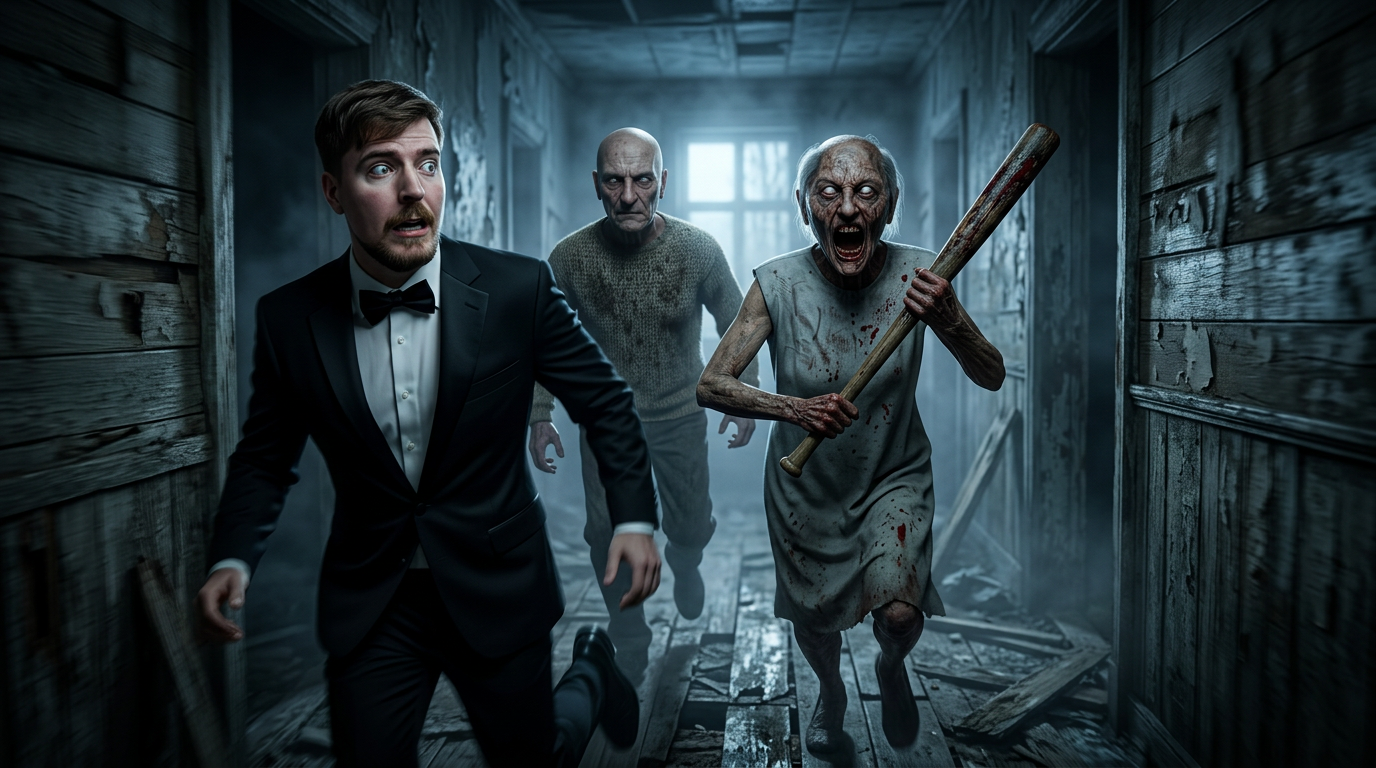 AI Design for Ultra-realistic 4K horror cinematic scene, inspired by the uploaded Granny and Grandpa characters, keeping Granny and Grandpa's faces, expressions, skin details, wrinkles, glowing white eyes, hair, clothing style, and overall appearance 100% consistent with the reference image. A terrified young man is sprinting through a dark abandoned wooden hallway after escaping from them, looking back with a shocked and fearful expression. Granny is aggressively chasing with her blood-stained bat raised, Grandpa is running closely behind with a cold, emotionless stare. Motion blur on the chase, dramatic volumetric fog, dusty air, broken wooden walls, eerie blue-gray lighting, realistic shadows, intense horror atmosphere, cinematic composition, hyper-detailed textures, ultra-photorealistic skin, lifelike lighting, HDR, depth of field, 8K quality rendered in 4K, extremely realistic, no cartoon style, no CGI look, high contrast, terrifying survival horror mood.