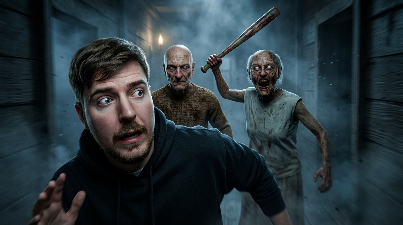 AI Design for Ultra-realistic 4K cinematic horror YouTube thumbnail. The main subject (me) is positioned extremely close to the camera in the absolute foreground, occupying around 50–60% of the frame, with a terrified expression, wide-open eyes, raised eyebrows, mouth slightly open in panic, looking directly at the viewer while running away. Granny and Grandpa are directly behind me, only a few steps away, aggressively chasing me, creating an intense sense of danger. Keep Granny and Grandpa's faces, glowing white eyes, wrinkles, skin texture, hair, clothing, and overall appearance 100% identical to the provided reference image with no facial changes. Granny is holding her blood-stained bat raised to attack, Grandpa has the same cold, emotionless stare and realistic appearance. Dark abandoned wooden hallway, eerie blue-gray lighting, cinematic volumetric fog, dust particles, dramatic shadows, realistic motion blur, high tension, survival horror atmosphere, HDR, ray-traced lighting, hyper-detailed textures, ultra-photorealistic skin, sharp focus on me, slightly blurred background for depth, extreme realism, AAA game-quality visuals, Hollywood horror movie style, 8K render quality, crystal-clear 4K thumbnail, highly clickable, no cartoon or CGI look.