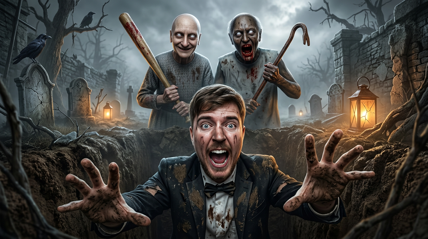 AI Design for Create an ultra-realistic 4K cinematic horror YouTube thumbnail.
Scene:
A terrified young man is trapped inside a dark, abandoned grave, desperately trying to climb out with both hands reaching toward the camera. His face shows genuine fear with wide-open eyes, raised eyebrows, sweat, and panic. Dirt and mud cover his clothes and hands.
Behind him, standing at the edge of the grave, are two horrifying old characters inspired by Granny and Grandpa horror-game aesthetics. Granny is holding a blood-stained wooden bat with a creepy smile and glowing pale eyes. Grandpa stands beside her with a rusty weapon and an intimidating expression, both looking directly into the grave.
The grave is surrounded by a haunted cemetery with cracked tombstones, dead trees, thick fog, broken crosses, glowing lanterns, ravens, and eerie moonlight. The atmosphere is dark, terrifying, and cinematic with volumetric fog and dramatic shadows.
Camera Angle:
Extreme wide-angle perspective from inside the grave looking upward, making the viewer feel trapped. Dynamic composition with strong depth and tension.
Lighting:
Moonlight mixed with subtle warm lantern glow, volumetric lighting, cinematic rim light, realistic shadows, HDR, global illumination.
Style:
100% photorealistic, hyper realistic, Unreal Engine 5 quality, ultra detailed facial textures, realistic skin pores, natural expressions, AAA game cinematic quality, 8K render quality, extremely sharp focus, dramatic color grading, horror atmosphere, ultra high detail, professional viral YouTube thumbnail style.
Expression:
The main character must look absolutely terrified, mouth slightly open, eyes full of panic, as if screaming for help.
Quality:
3840×2160 resolution, 16:9 aspect ratio, ultra sharp, no blur, no watermark, no extra text, thumbnail optimized, maximum realism.