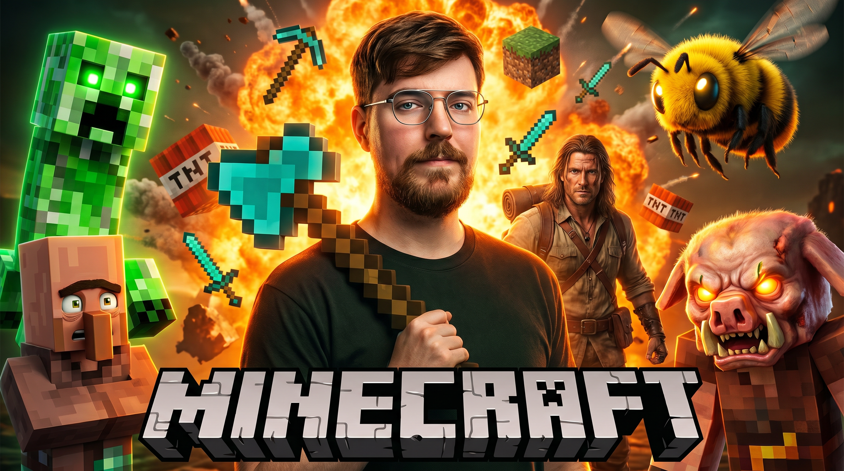 AI Design for Create an ultra-realistic 4K cinematic YouTube thumbnail inspired by a dramatic Minecraft adventure theme.

Composition:
- A confident bearded man with glasses standing in the exact center, looking directly at the camera with a serious expression.
- He is holding a large pixel-style Minecraft axe over his shoulder.
- Background features a fiery orange explosion mixed with realistic smoke, soft depth of field, and cinematic atmosphere.
- Around him are highly detailed realistic Minecraft-inspired mobs and creatures:
  • A glowing green Creeper on the left with bright neon eyes.
  • A realistic Villager in the lower left corner with expressive eyes.
  • A rugged long-haired explorer behind the main subject.
  • A giant fuzzy yellow bee with glowing eyes in the upper right.
  • A terrifying realistic Piglin-like creature with glowing orange eyes in the lower right.
  • TNT blocks partially visible in the background.
- Floating pixelated Minecraft tools and blocks around the subject for extra visual depth.

Style:
- Hyper realistic
- AAA game cinematic quality
- Ultra detailed skin textures
- Sharp facial details
- Volumetric lighting
- HDR
- Global illumination
- Dramatic rim light
- High contrast
- Realistic shadows
- Orange and green color grading
- Professional YouTube thumbnail composition
- Crisp focus
- Extreme depth
- Epic atmosphere
- Unreal Engine 5 quality
- 8K render quality
- Photorealistic
- Highly detailed
- Vibrant colors
- Viral gaming thumbnail style

Typography:
- Large bold 3D block text "MINECRAFT" at the bottom in iconic pixel-inspired style with metallic white and gray shading, thick shadow, and premium gaming thumbnail look.

Aspect Ratio:
16:9 (3840×2160), optimized for YouTube thumbnail, ultra sharp, no blur, no watermark, no extra text.