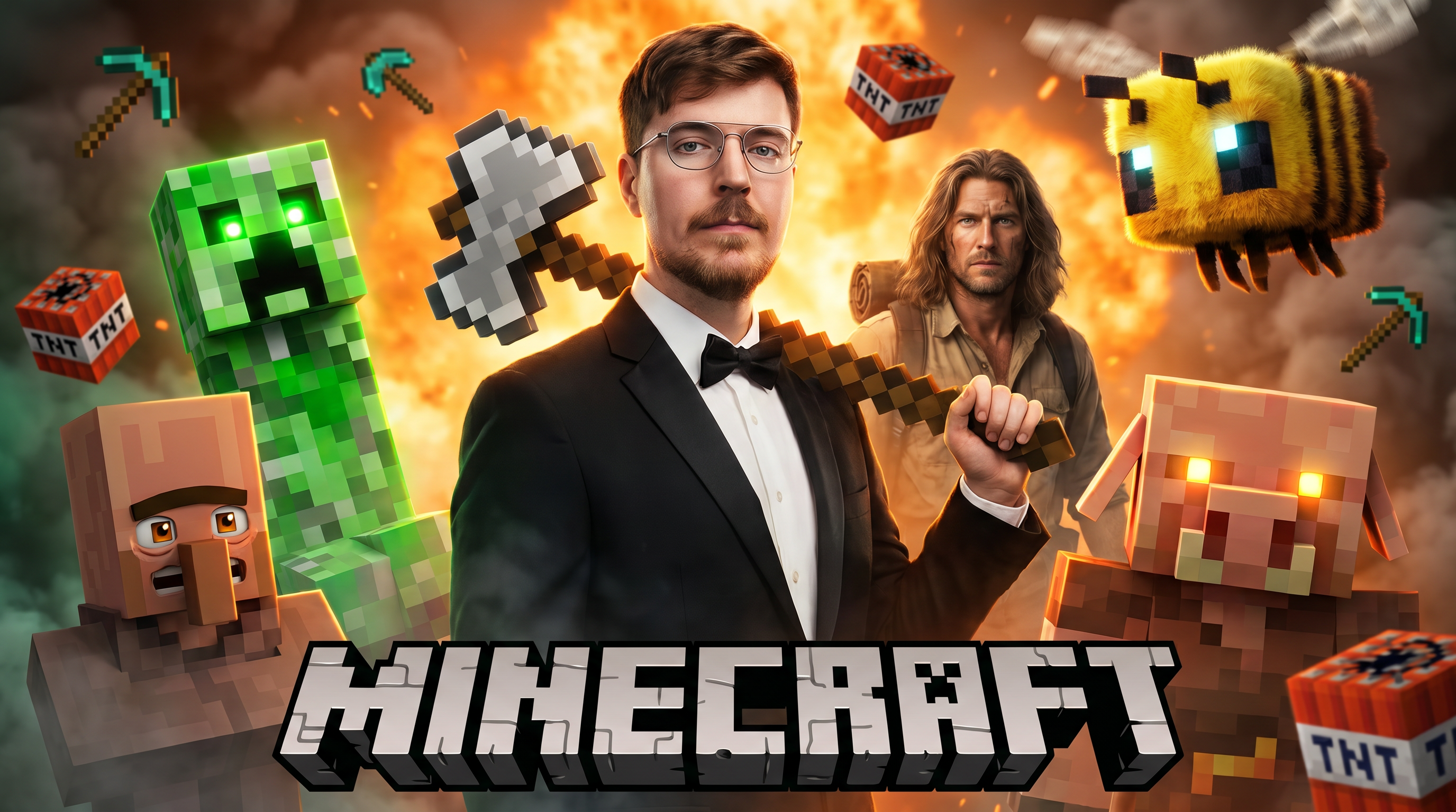 AI Design for Create an ultra-realistic 4K cinematic YouTube thumbnail inspired by a dramatic Minecraft adventure theme.
Composition:
- A confident bearded man with glasses standing in the exact center, looking directly at the camera with a serious expression.
- He is holding a large pixel-style Minecraft axe over his shoulder.
- Background features a fiery orange explosion mixed with realistic smoke, soft depth of field, and cinematic atmosphere.
- Around him are highly detailed realistic Minecraft-inspired mobs and creatures:
• A glowing green Creeper on the left with bright neon eyes.
• A realistic Villager in the lower left corner with expressive eyes.
• A rugged long-haired explorer behind the main subject.
• A giant fuzzy yellow bee with glowing eyes in the upper right.
• A terrifying realistic Piglin-like creature with glowing orange eyes in the lower right.
• TNT blocks partially visible in the background.
- Floating pixelated Minecraft tools and blocks around the subject for extra visual depth.
Style:
- Hyper realistic
- AAA game cinematic quality
- Ultra detailed skin textures
- Sharp facial details
- Volumetric lighting
- HDR
- Global illumination
- Dramatic rim light
- High contrast
- Realistic shadows
- Orange and green color grading
- Professional YouTube thumbnail composition
- Crisp focus
- Extreme depth
- Epic atmosphere
- Unreal Engine 5 quality
- 8K render quality
- Photorealistic
- Highly detailed
- Vibrant colors
- Viral gaming thumbnail style
Typography:
- Large bold 3D block text "MINECRAFT" at the bottom in iconic pixel-inspired style with metallic white and gray shading, thick shadow, and premium gaming thumbnail look.
Aspect Ratio:
16:9 (3840×2160), optimized for YouTube thumbnail, ultra sharp, no blur, no watermark, no extra text.
