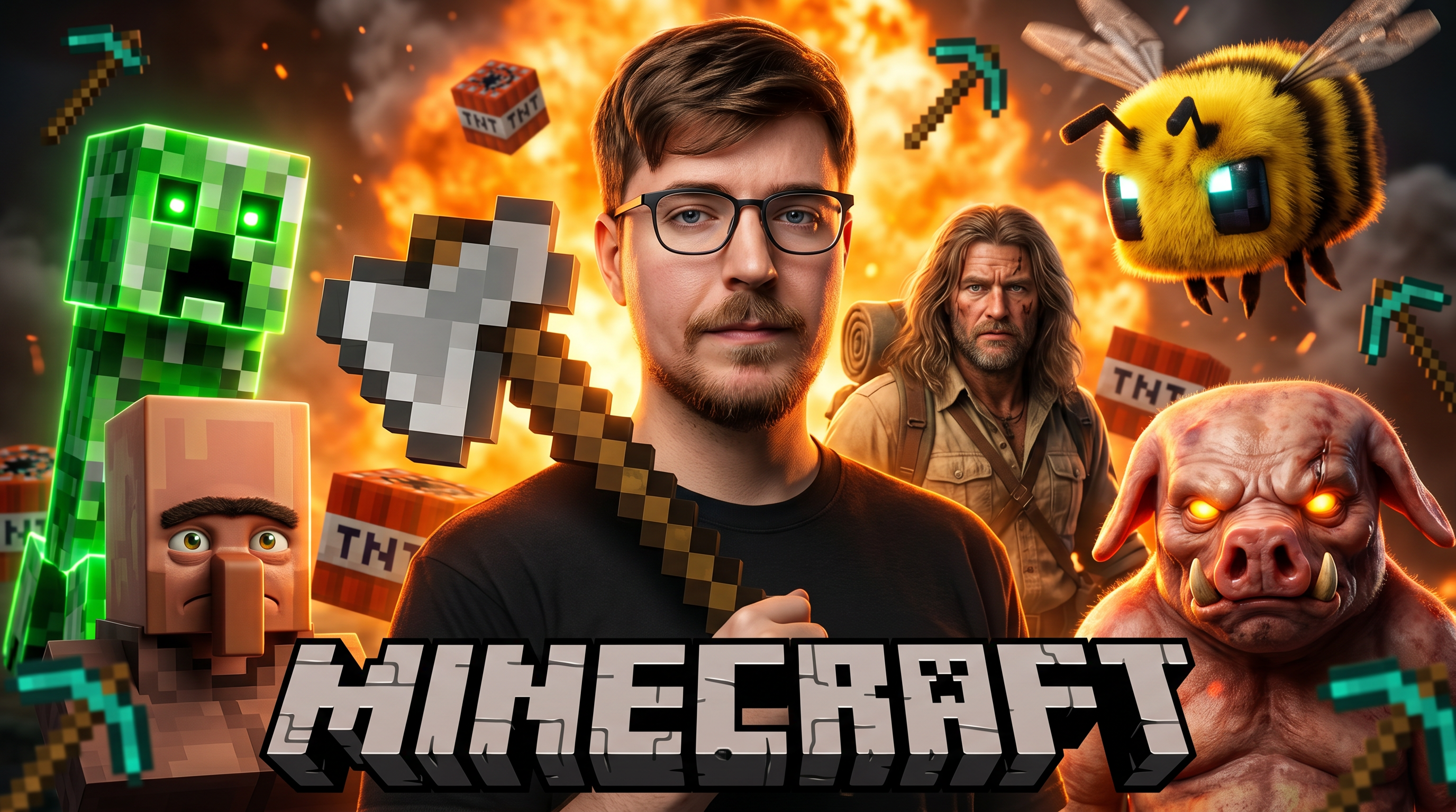 AI Design for Create an ultra-realistic 4K cinematic YouTube thumbnail inspired by a dramatic Minecraft adventure theme.

Composition:
- A confident bearded man with glasses standing in the exact center, looking directly at the camera with a serious expression.
- He is holding a large pixel-style Minecraft axe over his shoulder.
- Background features a fiery orange explosion mixed with realistic smoke, soft depth of field, and cinematic atmosphere.
- Around him are highly detailed realistic Minecraft-inspired mobs and creatures:
  • A glowing green Creeper on the left with bright neon eyes.
  • A realistic Villager in the lower left corner with expressive eyes.
  • A rugged long-haired explorer behind the main subject.
  • A giant fuzzy yellow bee with glowing eyes in the upper right.
  • A terrifying realistic Piglin-like creature with glowing orange eyes in the lower right.
  • TNT blocks partially visible in the background.
- Floating pixelated Minecraft tools and blocks around the subject for extra visual depth.

Style:
- Hyper realistic
- AAA game cinematic quality
- Ultra detailed skin textures
- Sharp facial details
- Volumetric lighting
- HDR
- Global illumination
- Dramatic rim light
- High contrast
- Realistic shadows
- Orange and green color grading
- Professional YouTube thumbnail composition
- Crisp focus
- Extreme depth
- Epic atmosphere
- Unreal Engine 5 quality
- 8K render quality
- Photorealistic
- Highly detailed
- Vibrant colors
- Viral gaming thumbnail style

Typography:
- Large bold 3D block text "MINECRAFT" at the bottom in iconic pixel-inspired style with metallic white and gray shading, thick shadow, and premium gaming thumbnail look.

Aspect Ratio:
16:9 (3840×2160), optimized for YouTube thumbnail, ultra sharp, no blur, no watermark, no extra text.