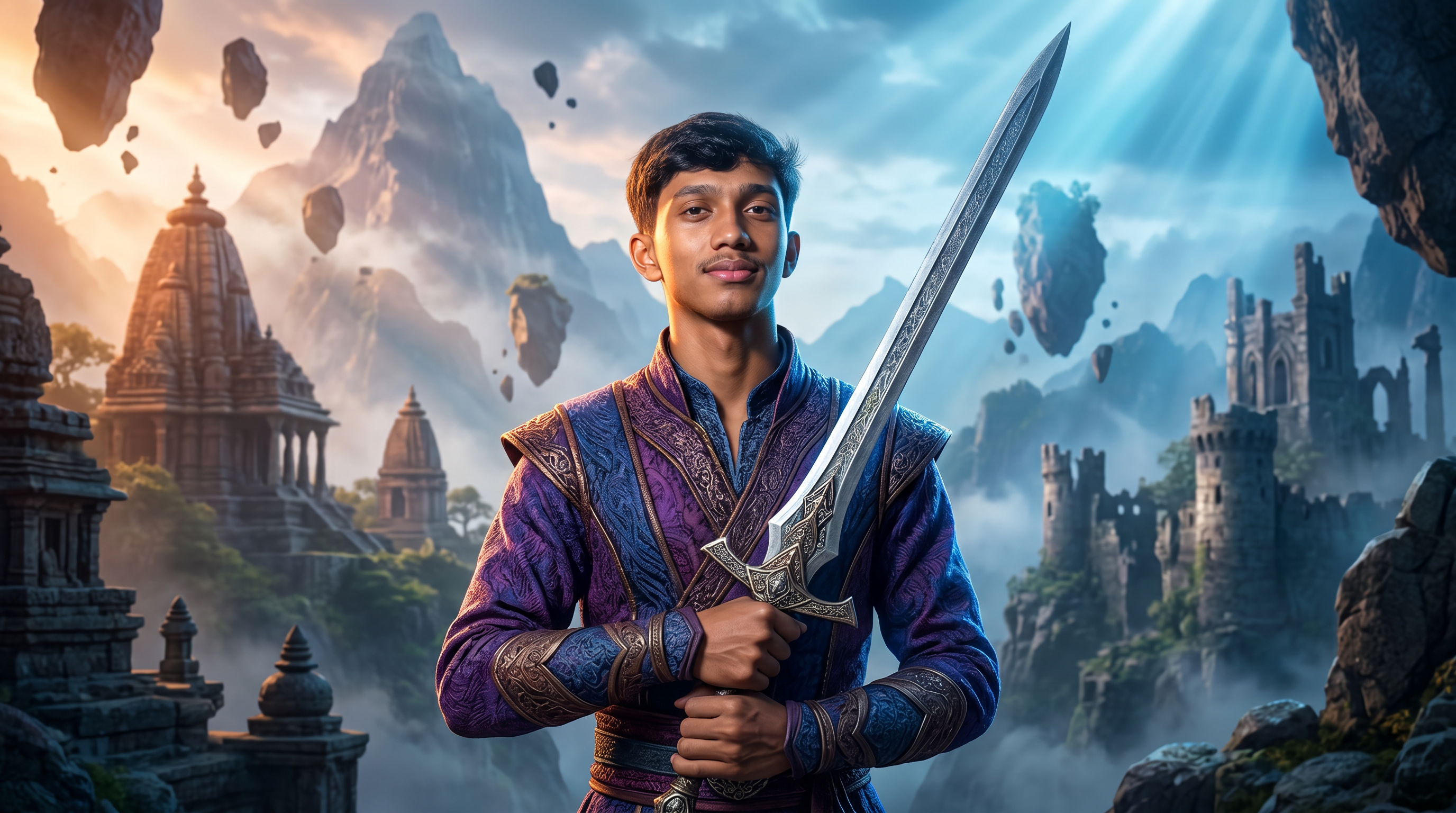 AI Design for Create an ultra-realistic 4K YouTube gaming thumbnail in a premium cinematic style. Keep the character's face 100% identical to the original reference with natural skin texture, realistic eyes, and clean facial details. The character is standing confidently in a heroic pose while holding a detailed fantasy sword with both hands, looking directly at the camera with a slight confident smile.
Background should NOT be plain. Create a breathtaking fantasy game world with ancient temples, giant mountains, floating rocks, mist, blue cinematic atmosphere, magical particles, glowing lights, ruined castles, dramatic clouds, volumetric fog, and soft god rays. Add subtle depth of field and AAA game-quality environment similar to high-end RPG games.
The character should be the main focus in the foreground with sharp details and realistic lighting. Outfit should be elegant fantasy warrior clothing in purple and blue tones with premium fabric textures and cinematic highlights.
Style: Hyper realistic, AAA game art, Unreal Engine 5 quality, ultra detailed, HDR, 8K quality rendered in 4K, dramatic lighting, global illumination, volumetric lighting, highly detailed textures, crisp edges, vibrant but balanced colors, professional YouTube thumbnail composition, premium color grading, sharp focus, realistic shadows, masterpiece, extremely high quality.
No text, no watermark, no logo, no blur, no extra people, no distorted hands, no low quality, no cartoon effect.