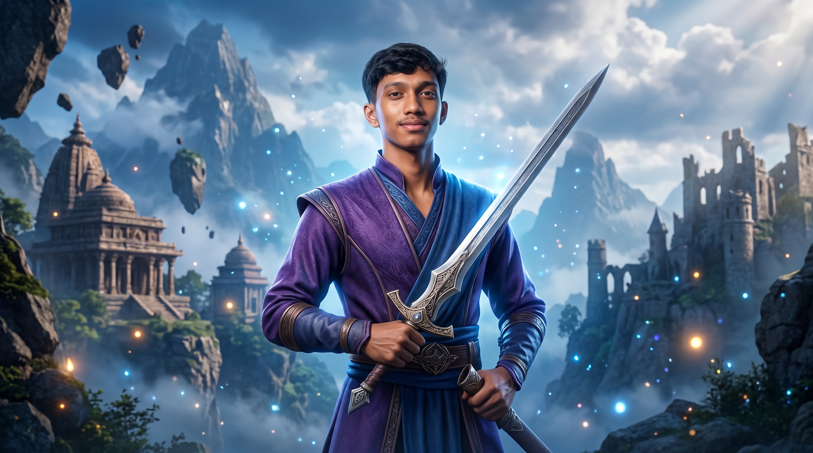 AI Design for Create an ultra-realistic 4K YouTube gaming thumbnail in a premium cinematic style. Keep the character's face 100% identical to the original reference with natural skin texture, realistic eyes, and clean facial details. The character is standing confidently in a heroic pose while holding a detailed fantasy sword with both hands, looking directly at the camera with a slight confident smile.
Background should NOT be plain. Create a breathtaking fantasy game world with ancient temples, giant mountains, floating rocks, mist, blue cinematic atmosphere, magical particles, glowing lights, ruined castles, dramatic clouds, volumetric fog, and soft god rays. Add subtle depth of field and AAA game-quality environment similar to high-end RPG games.
The character should be the main focus in the foreground with sharp details and realistic lighting. Outfit should be elegant fantasy warrior clothing in purple and blue tones with premium fabric textures and cinematic highlights.
Style: Hyper realistic, AAA game art, Unreal Engine 5 quality, ultra detailed, HDR, 8K quality rendered in 4K, dramatic lighting, global illumination, volumetric lighting, highly detailed textures, crisp edges, vibrant but balanced colors, professional YouTube thumbnail composition, premium color grading, sharp focus, realistic shadows, masterpiece, extremely high quality.
No text, no watermark, no logo, no blur, no extra people, no distorted hands, no low quality, no cartoon effect.