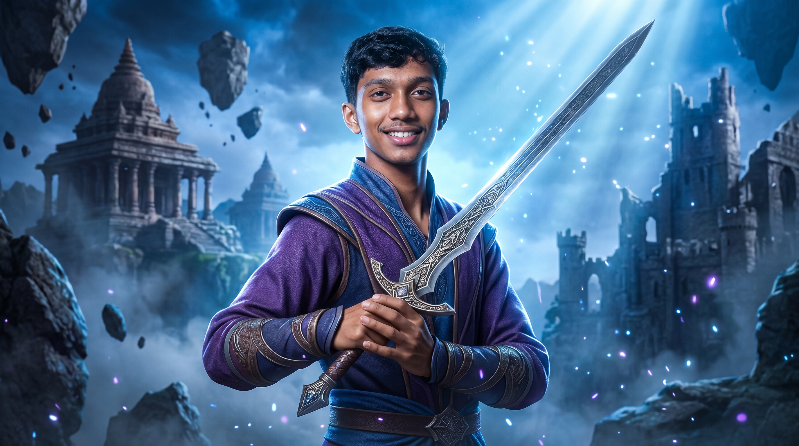 AI Design for Create an ultra-realistic 4K YouTube gaming thumbnail in a premium cinematic style. Keep the character's face 100% identical to the original reference with natural skin texture, realistic eyes, and clean facial details. The character is standing confidently in a heroic pose while holding a detailed fantasy sword with both hands, looking directly at the camera with a slight confident smile.
Background should NOT be plain. Create a breathtaking fantasy game world with ancient temples, giant mountains, floating rocks, mist, blue cinematic atmosphere, magical particles, glowing lights, ruined castles, dramatic clouds, volumetric fog, and soft god rays. Add subtle depth of field and AAA game-quality environment similar to high-end RPG games.
The character should be the main focus in the foreground with sharp details and realistic lighting. Outfit should be elegant fantasy warrior clothing in purple and blue tones with premium fabric textures and cinematic highlights.
Style: Hyper realistic, AAA game art, Unreal Engine 5 quality, ultra detailed, HDR, 8K quality rendered in 4K, dramatic lighting, global illumination, volumetric lighting, highly detailed textures, crisp edges, vibrant but balanced colors, professional YouTube thumbnail composition, premium color grading, sharp focus, realistic shadows, masterpiece, extremely high quality.
No text, no watermark, no logo, no blur, no extra people, no distorted hands, no low quality, no cartoon effect.