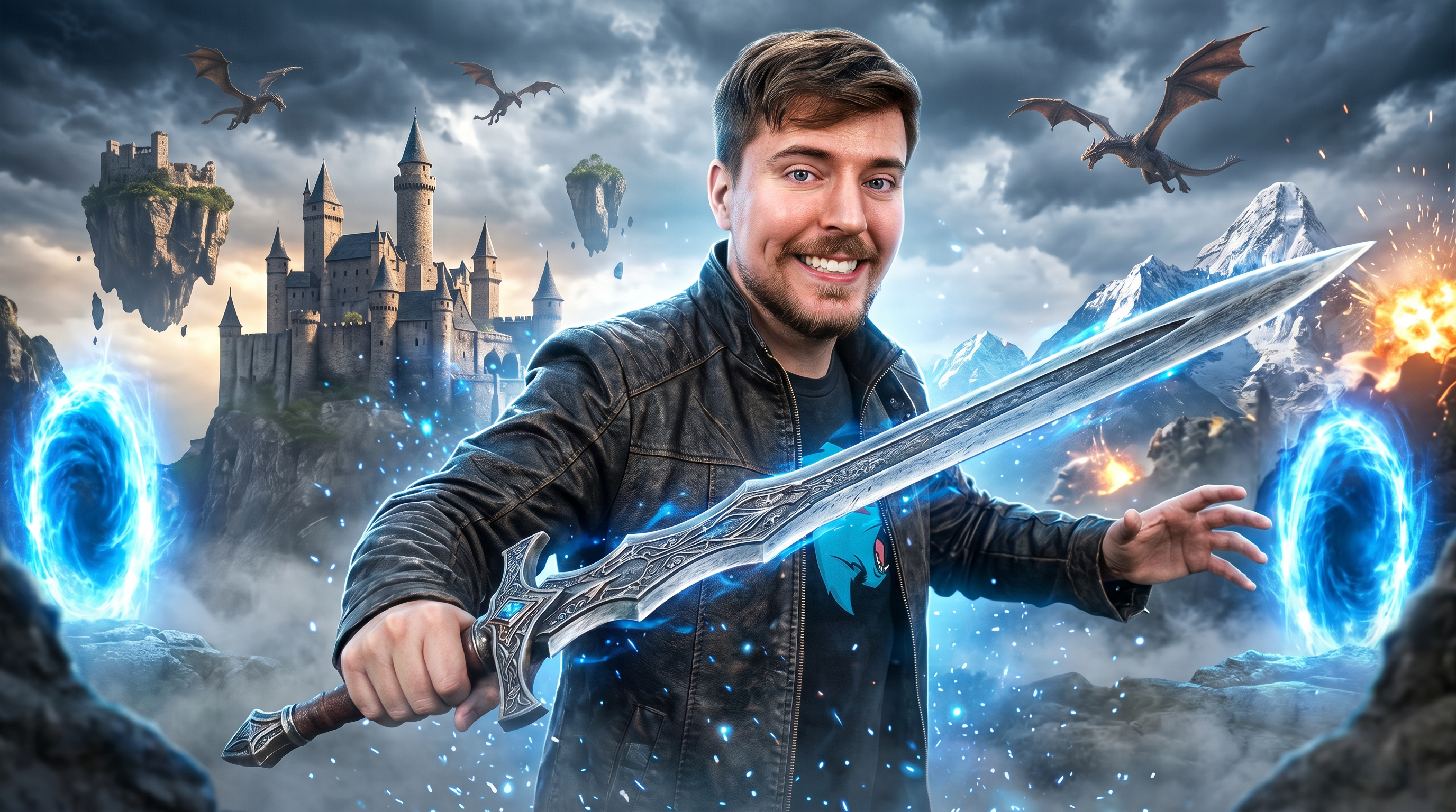 AI Design for Create an ultra-premium 4K YouTube thumbnail with a bold, viral, high-energy style inspired by the modern gaming creator aesthetic. The main subject is in the foreground, holding a large fantasy sword in a dynamic action pose, with an expressive face showing excitement and confidence while looking directly at the camera.
The background is a stunning AAA game world featuring ancient castles, floating islands, giant mountains, glowing portals, magical blue energy, cinematic fog, dramatic clouds, flying creatures, volumetric lighting, explosions, and glowing particles. Add strong depth, vibrant colors, and a highly immersive fantasy atmosphere.
Use dramatic rim lighting, HDR, ultra-sharp details, realistic skin texture, realistic reflections, professional color grading, high contrast, global illumination, Unreal Engine 5 quality, blockbuster movie lighting, and perfect composition with the subject dominating the frame.
Make the thumbnail instantly eye-catching with a clean layout, premium visual hierarchy, emotional impact, and viral YouTube-style presentation.
No text, no watermark, no logo, no blur, no low quality, no extra people, no distorted anatomy, no cartoon look.