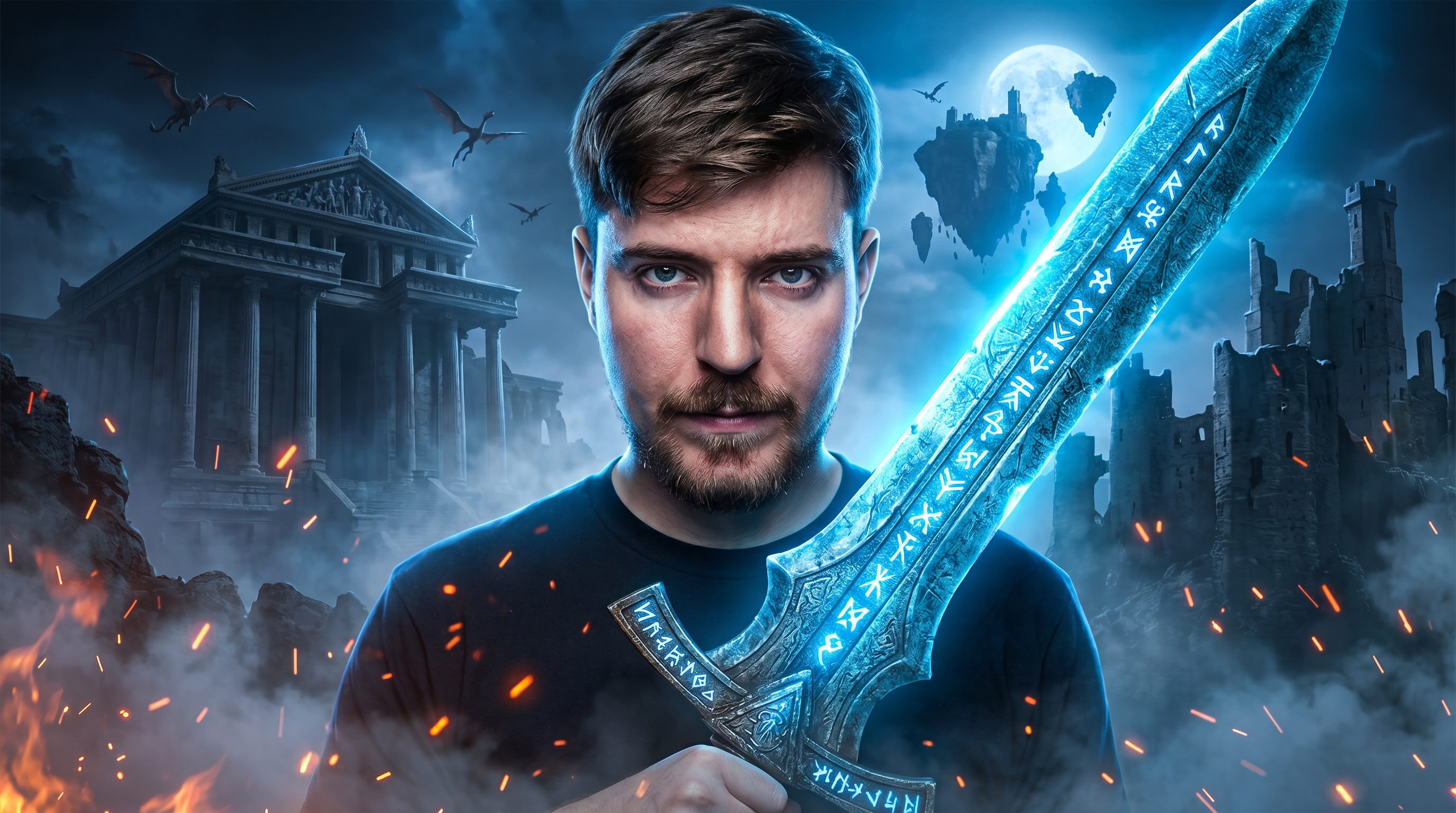 AI Design for Create an ultra-premium 4K YouTube gaming thumbnail with a dark cinematic atmosphere and extremely high click-through-rate design. The composition should feel like a top-tier viral YouTube thumbnail with a massive foreground subject and an epic fantasy game environment.
The character must remain 100% identical to the reference face with realistic skin texture, natural eyes, detailed hair, and perfect facial proportions. The subject is standing in the center, slightly leaning forward, holding a massive ancient glowing sword with a powerful action pose and an intense confident expression while looking directly at the camera.
Background: dark fantasy game world with giant ancient temple, ruined castle, massive mountains, floating islands, mysterious forest, glowing blue moonlight, magical fog, volumetric lighting, dramatic clouds, flying creatures, broken statues, fire embers, blue magical energy, subtle lightning, cinematic smoke, and deep shadows.
Lighting: strong blue rim light, soft orange highlights, HDR, global illumination, Unreal Engine 5 quality, blockbuster movie lighting, dramatic contrast, realistic reflections, ultra detailed textures, high depth, premium color grading.
Style: hyper realistic, AAA game quality, extremely sharp, vibrant but dark, emotional, mysterious, immersive, visually explosive, professional YouTube thumbnail composition with perfect subject separation and depth of field.
No text, no logo, no watermark, no blur, no extra people, no low quality, no cartoon, no distorted hands, no deformed face, no cropped body.