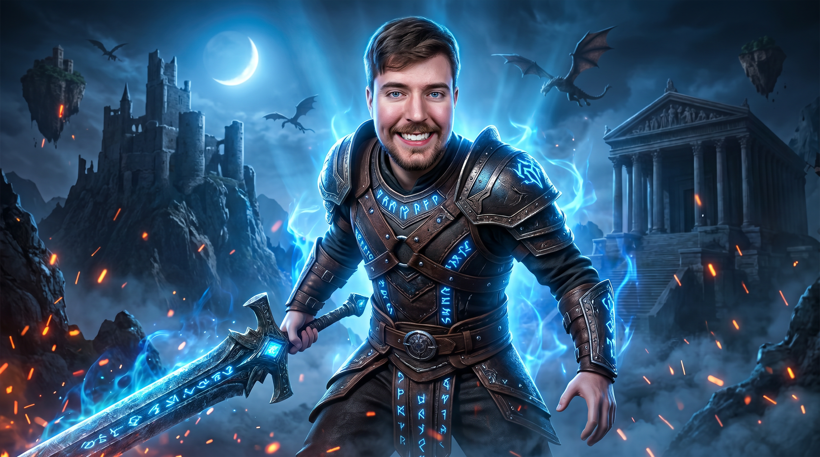 AI Design for Create an ultra-premium 4K YouTube gaming thumbnail with a dark cinematic atmosphere and extremely high click-through-rate design. The composition should feel like a top-tier viral YouTube thumbnail with a massive foreground subject and an epic fantasy game environment.
The character must remain 100% identical to the reference face with realistic skin texture, natural eyes, detailed hair, and perfect facial proportions. The subject is standing in the center, slightly leaning forward, holding a massive ancient glowing sword with a powerful action pose and an intense confident expression while looking directly at the camera.
Background: dark fantasy game world with giant ancient temple, ruined castle, massive mountains, floating islands, mysterious forest, glowing blue moonlight, magical fog, volumetric lighting, dramatic clouds, flying creatures, broken statues, fire embers, blue magical energy, subtle lightning, cinematic smoke, and deep shadows.
Lighting: strong blue rim light, soft orange highlights, HDR, global illumination, Unreal Engine 5 quality, blockbuster movie lighting, dramatic contrast, realistic reflections, ultra detailed textures, high depth, premium color grading.
Style: hyper realistic, AAA game quality, extremely sharp, vibrant but dark, emotional, mysterious, immersive, visually explosive, professional YouTube thumbnail composition with perfect subject separation and depth of field.
No text, no logo, no watermark, no blur, no extra people, no low quality, no cartoon, no distorted hands, no deformed face, no cropped body.