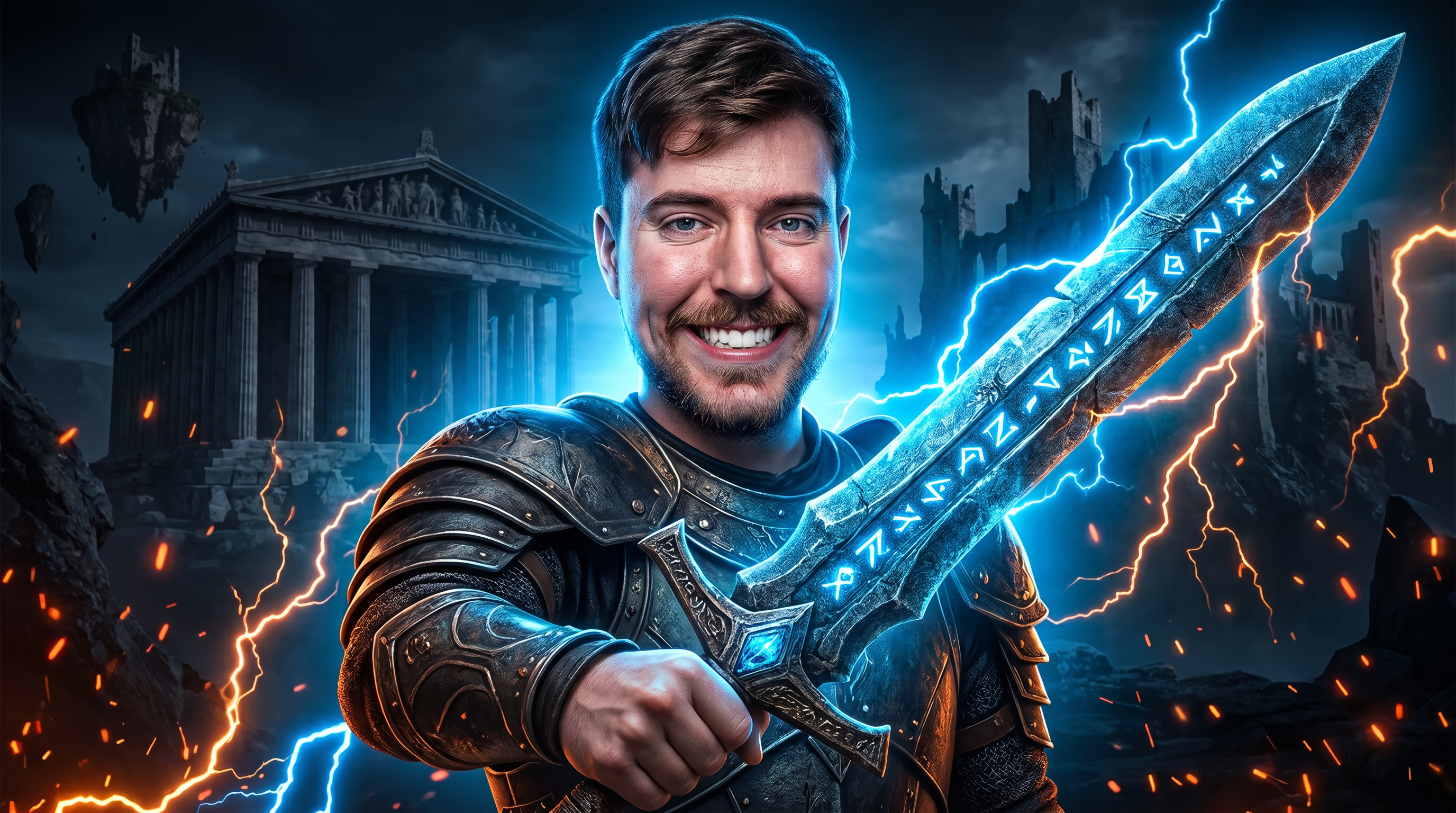 AI Design for Create an ultra-premium 4K YouTube gaming thumbnail with a dark cinematic atmosphere and extremely high click-through-rate design. The composition should feel like a top-tier viral YouTube thumbnail with a massive foreground subject and an epic fantasy game environment.
The character must remain 100% identical to the reference face with realistic skin texture, natural eyes, detailed hair, and perfect facial proportions. The subject is standing in the center, slightly leaning forward, holding a massive ancient glowing sword with a powerful action pose and an intense confident expression while looking directly at the camera.
Background: dark fantasy game world with giant ancient temple, ruined castle, massive mountains, floating islands, mysterious forest, glowing blue moonlight, magical fog, volumetric lighting, dramatic clouds, flying creatures, broken statues, fire embers, blue magical energy, subtle lightning, cinematic smoke, and deep shadows.
Lighting: strong blue rim light, soft orange highlights, HDR, global illumination, Unreal Engine 5 quality, blockbuster movie lighting, dramatic contrast, realistic reflections, ultra detailed textures, high depth, premium color grading.
Style: hyper realistic, AAA game quality, extremely sharp, vibrant but dark, emotional, mysterious, immersive, visually explosive, professional YouTube thumbnail composition with perfect subject separation and depth of field.
No text, no logo, no watermark, no blur, no extra people, no low quality, no cartoon, no distorted hands, no deformed face, no cropped body.
