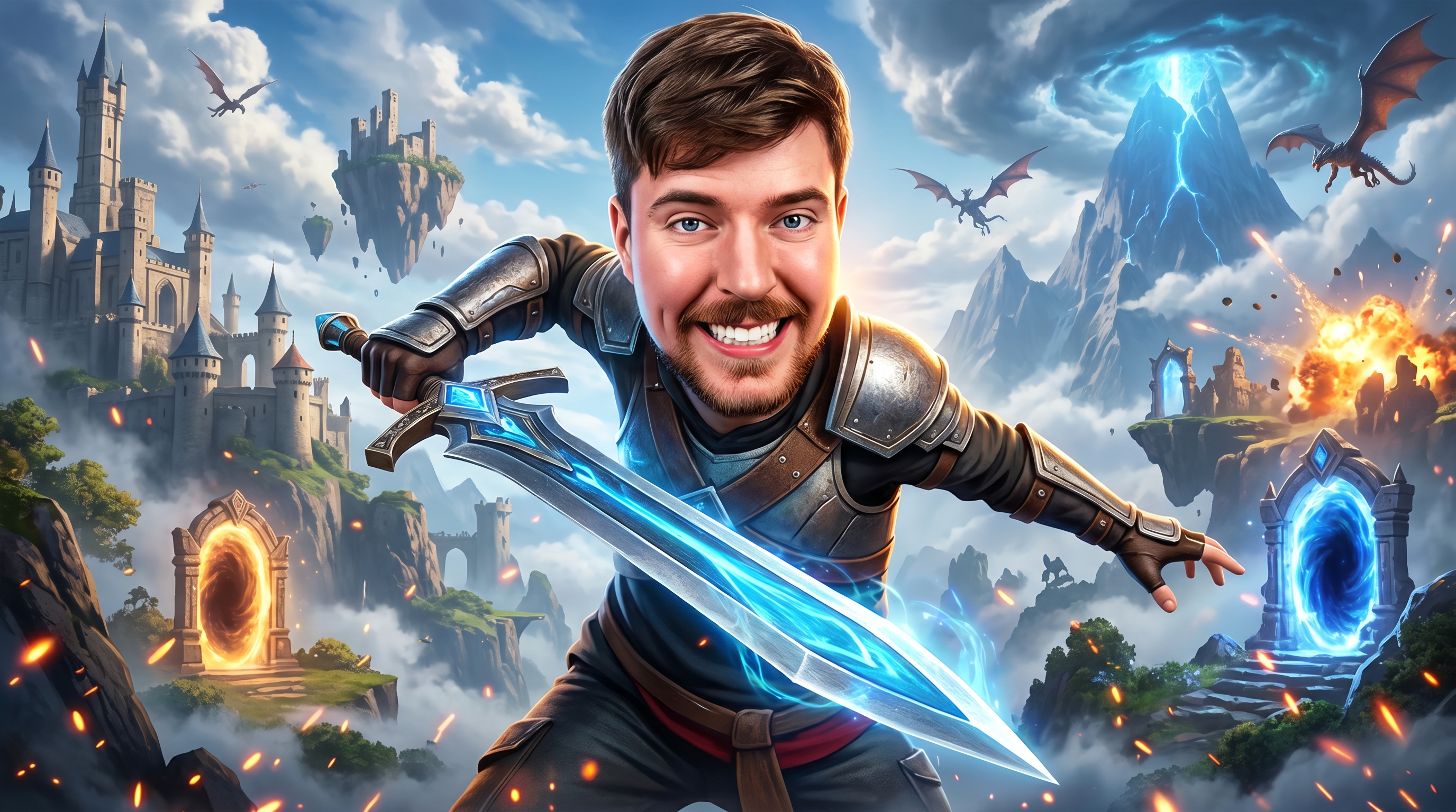 AI Design for Create an ultra-premium 4K YouTube thumbnail with a bold, viral, high-energy style inspired by the modern gaming creator aesthetic. The main subject is in the foreground, holding a large fantasy sword in a dynamic action pose, with an expressive face showing excitement and confidence while looking directly at the camera.
The background is a stunning AAA game world featuring ancient castles, floating islands, giant mountains, glowing portals, magical blue energy, cinematic fog, dramatic clouds, flying creatures, volumetric lighting, explosions, and glowing particles. Add strong depth, vibrant colors, and a highly immersive fantasy atmosphere.
Use dramatic rim lighting, HDR, ultra-sharp details, realistic skin texture, realistic reflections, professional color grading, high contrast, global illumination, Unreal Engine 5 quality, blockbuster movie lighting, and perfect composition with the subject dominating the frame.
Make the thumbnail instantly eye-catching with a clean layout, premium visual hierarchy, emotional impact, and viral YouTube-style presentation.
No text, no watermark, no logo, no blur, no low quality, no extra people, no distorted anatomy, no cartoon look.