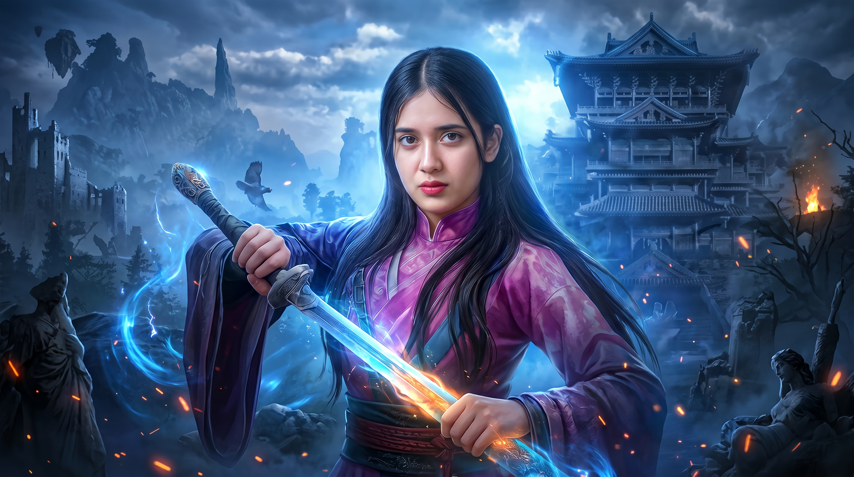 AI Design for Create an ultra-premium 4K YouTube gaming thumbnail with a dark cinematic atmosphere and extremely high click-through-rate design. The composition should feel like a top-tier viral YouTube thumbnail with a massive foreground subject and an epic fantasy game environment.
The character must remain 100% identical to the reference face with realistic skin texture, natural eyes, detailed hair, and perfect facial proportions. The subject is standing in the center, slightly leaning forward, holding a massive ancient glowing sword with a powerful action pose and an intense confident expression while looking directly at the camera.
Background: dark fantasy game world with giant ancient temple, ruined castle, massive mountains, floating islands, mysterious forest, glowing blue moonlight, magical fog, volumetric lighting, dramatic clouds, flying creatures, broken statues, fire embers, blue magical energy, subtle lightning, cinematic smoke, and deep shadows.
Lighting: strong blue rim light, soft orange highlights, HDR, global illumination, Unreal Engine 5 quality, blockbuster movie lighting, dramatic contrast, realistic reflections, ultra detailed textures, high depth, premium color grading.
Style: hyper realistic, AAA game quality, extremely sharp, vibrant but dark, emotional, mysterious, immersive, visually explosive, professional YouTube thumbnail composition with perfect subject separation and depth of field.
No text, no logo, no watermark, no blur, no extra people, no low quality, no cartoon, no distorted hands, no deformed face, no cropped body.
