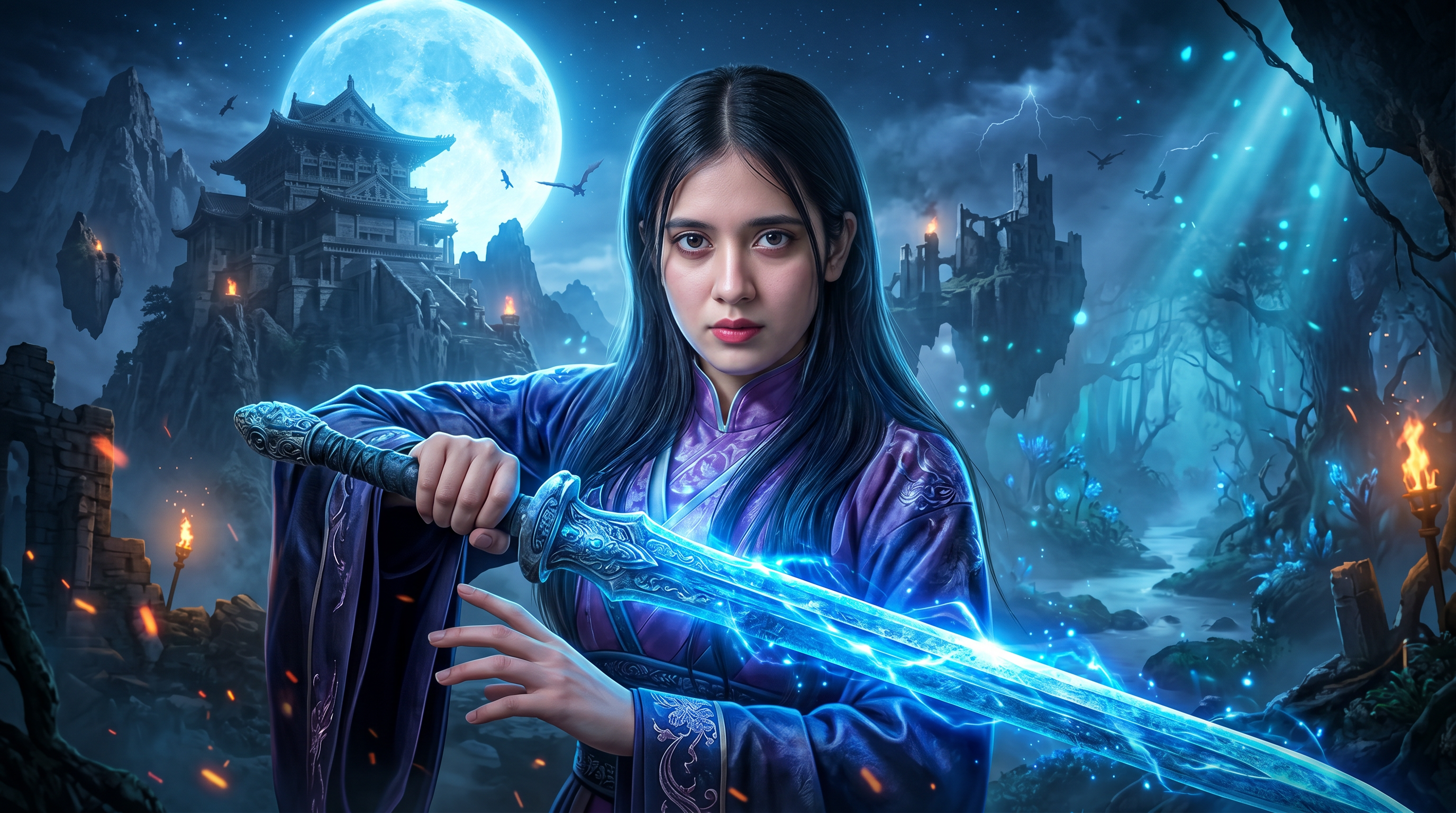 AI Design for Create an ultra-premium 4K YouTube gaming thumbnail with a dark cinematic atmosphere and extremely high click-through-rate design. The composition should feel like a top-tier viral YouTube thumbnail with a massive foreground subject and an epic fantasy game environment.
The character must remain 100% identical to the reference face with realistic skin texture, natural eyes, detailed hair, and perfect facial proportions. The subject is standing in the center, slightly leaning forward, holding a massive ancient glowing sword with a powerful action pose and an intense confident expression while looking directly at the camera.
Background: dark fantasy game world with giant ancient temple, ruined castle, massive mountains, floating islands, mysterious forest, glowing blue moonlight, magical fog, volumetric lighting, dramatic clouds, flying creatures, broken statues, fire embers, blue magical energy, subtle lightning, cinematic smoke, and deep shadows.
Lighting: strong blue rim light, soft orange highlights, HDR, global illumination, Unreal Engine 5 quality, blockbuster movie lighting, dramatic contrast, realistic reflections, ultra detailed textures, high depth, premium color grading.
Style: hyper realistic, AAA game quality, extremely sharp, vibrant but dark, emotional, mysterious, immersive, visually explosive, professional YouTube thumbnail composition with perfect subject separation and depth of field.
No text, no logo, no watermark, no blur, no extra people, no low quality, no cartoon, no distorted hands, no deformed face, no cropped body.