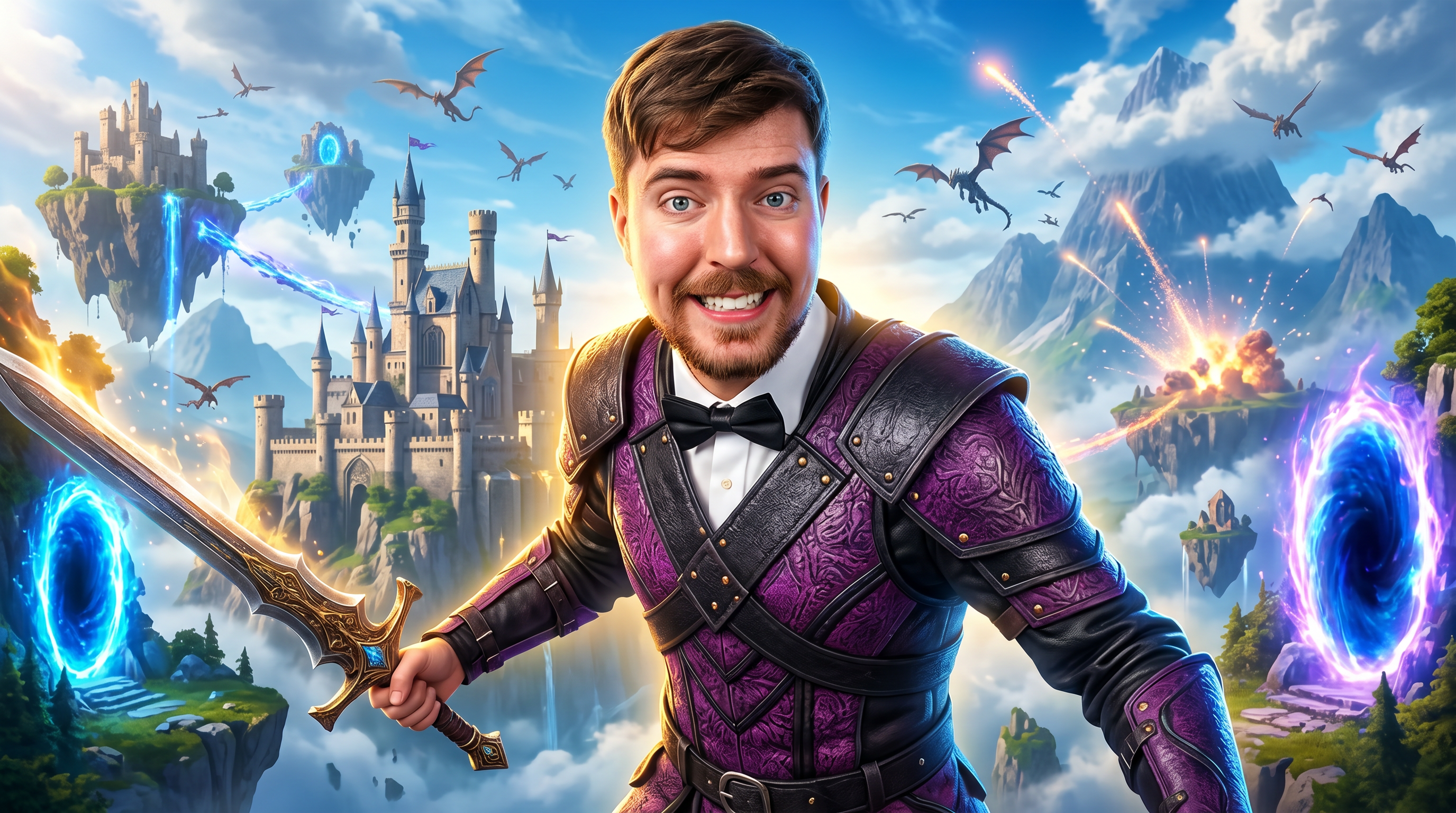 AI Design for Create an ultra-premium 4K YouTube thumbnail with a bold, viral, high-energy style inspired by the modern gaming creator aesthetic. The main subject is in the foreground, holding a large fantasy sword in a dynamic action pose, with an expressive face showing excitement and confidence while looking directly at the camera.
The background is a stunning AAA game world featuring ancient castles, floating islands, giant mountains, glowing portals, magical blue energy, cinematic fog, dramatic clouds, flying creatures, volumetric lighting, explosions, and glowing particles. Add strong depth, vibrant colors, and a highly immersive fantasy atmosphere.
Use dramatic rim lighting, HDR, ultra-sharp details, realistic skin texture, realistic reflections, professional color grading, high contrast, global illumination, Unreal Engine 5 quality, blockbuster movie lighting, and perfect composition with the subject dominating the frame.
Make the thumbnail instantly eye-catching with a clean layout, premium visual hierarchy, emotional impact, and viral YouTube-style presentation.
No text, no watermark, no logo, no blur, no low quality, no extra people, no distorted anatomy, no cartoon look.