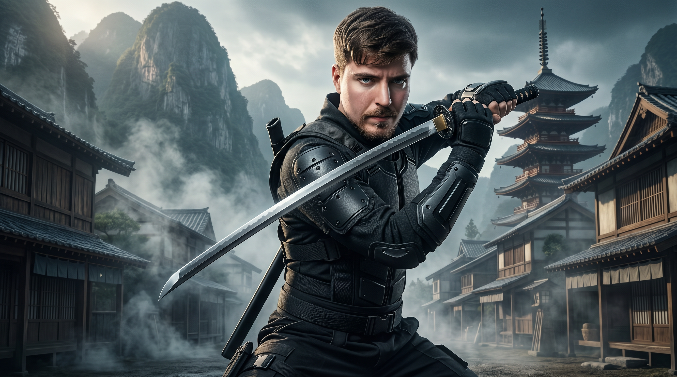 AI Design for Ultra-realistic 4K cinematic YouTube thumbnail, MrBeast-style visual impact, a young man with the exact same face as the reference photo standing in the foreground, wearing realistic black tactical ninja-inspired clothing with subtle modern details, dramatically unsheathing a razor-sharp katana with intense focus and determination. Behind him is a mysterious hidden ninja village with traditional Japanese-style houses aligned in rows, thick white smoke drifting through the streets and rooftops, creating a dramatic and mysterious atmosphere. Massive cinematic mountains rise in the far background under a moody sky with soft volumetric lighting and fog. Dynamic action pose, powerful composition, ultra-detailed textures, realistic skin, highly detailed katana reflections, depth of field, dramatic rim lighting, high contrast, bold thumbnail composition, dark but clean color grading, viral YouTube thumbnail style, epic storytelling, hyper-realistic, HDR, 8K quality rendered as 4K, sharp focus, no text, no watermark, extremely polished and eye-catching.