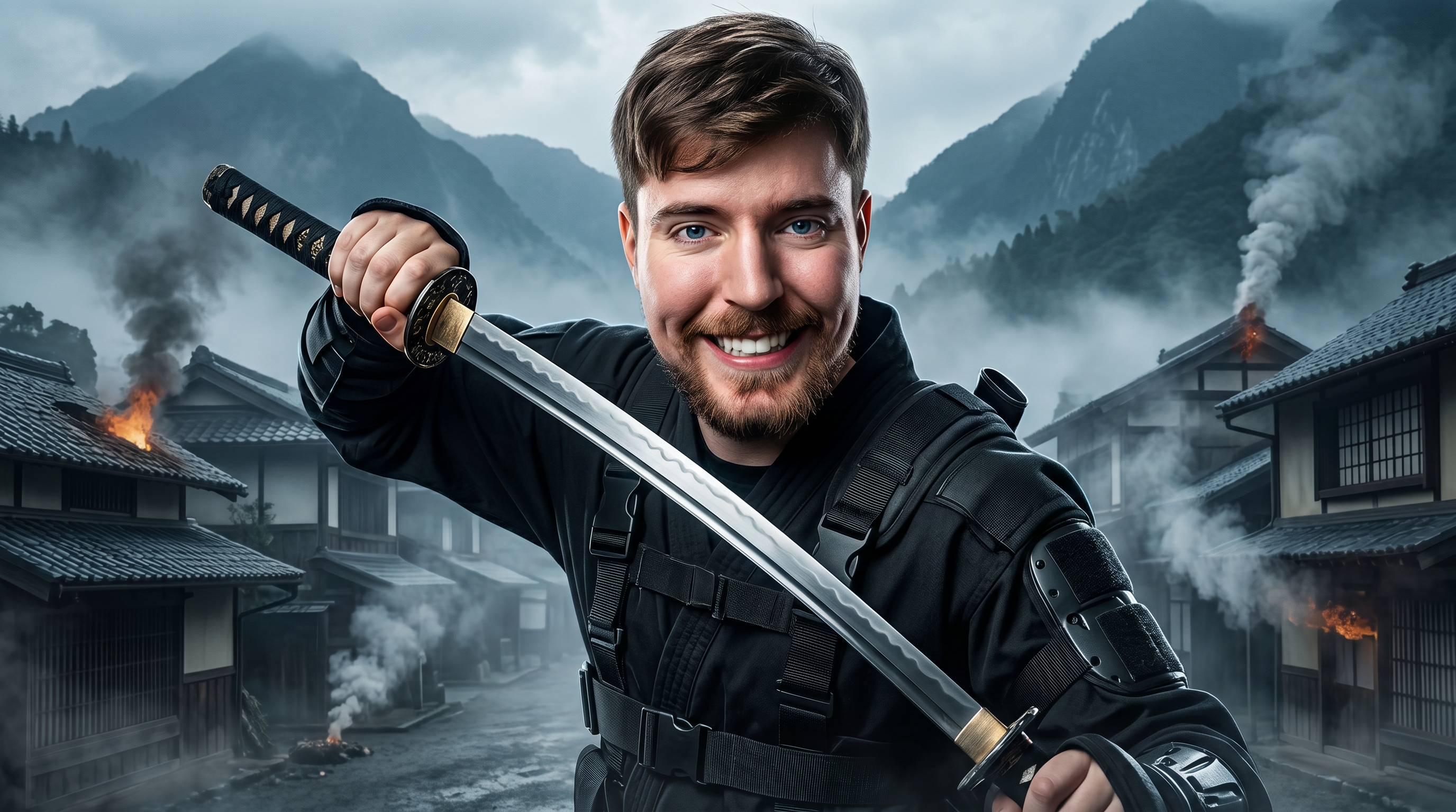 AI Design for Ultra-realistic 4K cinematic YouTube thumbnail, MrBeast-style visual impact, a young man with the exact same face as the reference photo standing in the foreground, wearing realistic black tactical ninja-inspired clothing with subtle modern details, dramatically unsheathing a razor-sharp katana with intense focus and determination. Behind him is a mysterious hidden ninja village with traditional Japanese-style houses aligned in rows, thick white smoke drifting through the streets and rooftops, creating a dramatic and mysterious atmosphere. Massive cinematic mountains rise in the far background under a moody sky with soft volumetric lighting and fog. Dynamic action pose, powerful composition, ultra-detailed textures, realistic skin, highly detailed katana reflections, depth of field, dramatic rim lighting, high contrast, bold thumbnail composition, dark but clean color grading, viral YouTube thumbnail style, epic storytelling, hyper-realistic, HDR, 8K quality rendered as 4K, sharp focus, no text, no watermark, extremely polished and eye-catching.