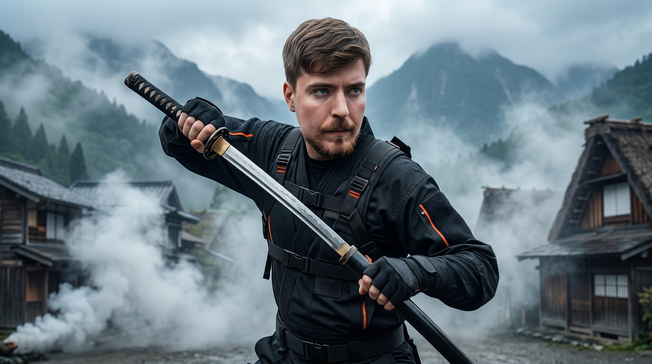 AI Design for Ultra-realistic 4K cinematic YouTube thumbnail, MrBeast-style visual impact, a young man with the exact same face as the reference photo standing in the foreground, wearing realistic black tactical ninja-inspired clothing with subtle modern details, dramatically unsheathing a razor-sharp katana with intense focus and determination. Behind him is a mysterious hidden ninja village with traditional Japanese-style houses aligned in rows, thick white smoke drifting through the streets and rooftops, creating a dramatic and mysterious atmosphere. Massive cinematic mountains rise in the far background under a moody sky with soft volumetric lighting and fog. Dynamic action pose, powerful composition, ultra-detailed textures, realistic skin, highly detailed katana reflections, depth of field, dramatic rim lighting, high contrast, bold thumbnail composition, dark but clean color grading, viral YouTube thumbnail style, epic storytelling, hyper-realistic, HDR, 8K quality rendered as 4K, sharp focus, no text, no watermark, extremely polished and eye-catching.