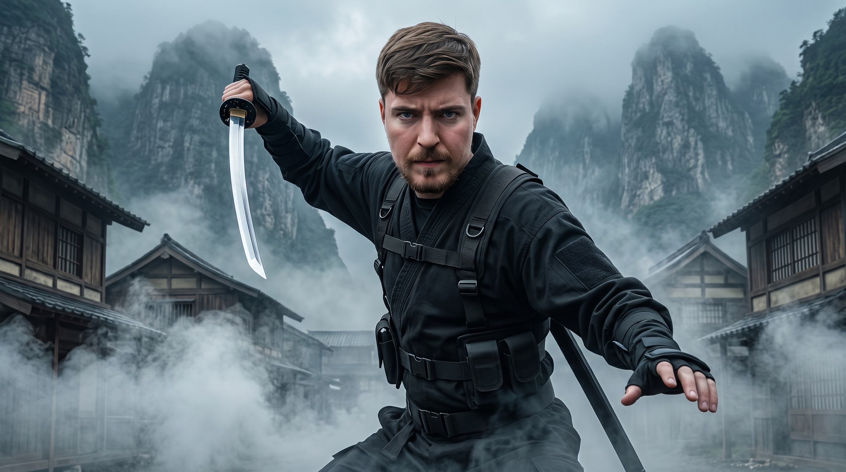 AI Design for Ultra-realistic 4K cinematic YouTube thumbnail, MrBeast-style visual impact, a young man with the exact same face as the reference photo standing in the foreground, wearing realistic black tactical ninja-inspired clothing with subtle modern details, dramatically unsheathing a razor-sharp katana with intense focus and determination. Behind him is a mysterious hidden ninja village with traditional Japanese-style houses aligned in rows, thick white smoke drifting through the streets and rooftops, creating a dramatic and mysterious atmosphere. Massive cinematic mountains rise in the far background under a moody sky with soft volumetric lighting and fog. Dynamic action pose, powerful composition, ultra-detailed textures, realistic skin, highly detailed katana reflections, depth of field, dramatic rim lighting, high contrast, bold thumbnail composition, dark but clean color grading, viral YouTube thumbnail style, epic storytelling, hyper-realistic, HDR, 8K quality rendered as 4K, sharp focus, no text, no watermark, extremely polished and eye-catching.