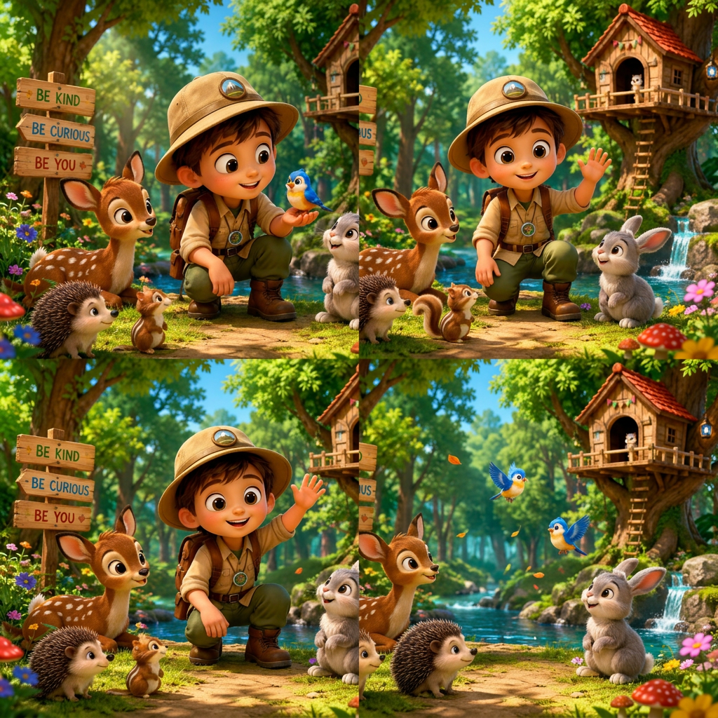 AI Design for A 3D cartoon character in a colorful, cute, and highly detailed forest, interacting with friendly animals all around. The camera slowly pans across the scene as the character waves and the animals move playfully. The style is vibrant, whimsical, and suitable for children."