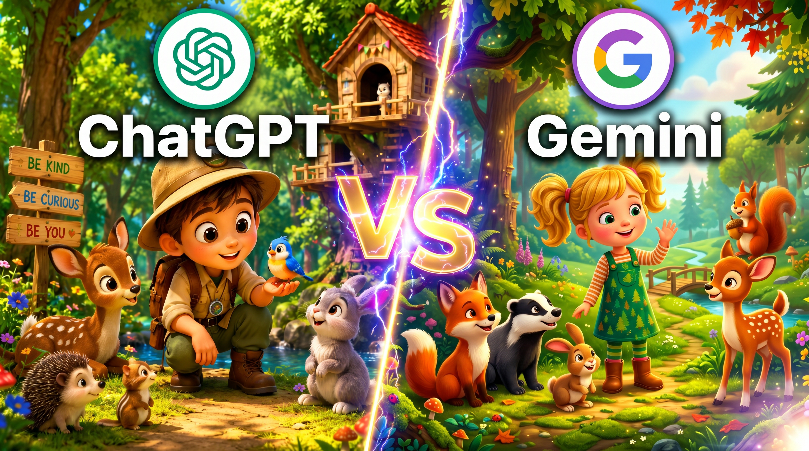 AI Design for Create a stunning YouTube thumbnail in 16:9 aspect ratio, ultra HD 4K, split-screen "VS" design.

Left side: A cute 3D cartoon forest scene with a young explorer boy surrounded by adorable animals (deer, rabbit, bird, hedgehog, squirrel), colorful flowers, magical sunlight, cinematic lighting, vibrant green forest, highly detailed Pixar/Disney style. Add the ChatGPT logo and bold text "ChatGPT" at the top.

Right side: A beautiful 3D cartoon forest scene with a cheerful little girl surrounded by cute animals (fox, deer, rabbit, squirrel, birds), enchanted forest background, glowing flowers, soft sunlight, highly detailed Pixar/Disney style. Add the Gemini logo and bold text "Gemini" at the top.

Center: Large glowing "VS" text with lightning effects and energy particles between both sides.

Style: MrBeast YouTube thumbnail style, extremely colorful, high contrast, eye-catching, cinematic composition, professional lighting, sharp details, viral thumbnail design, 4K.