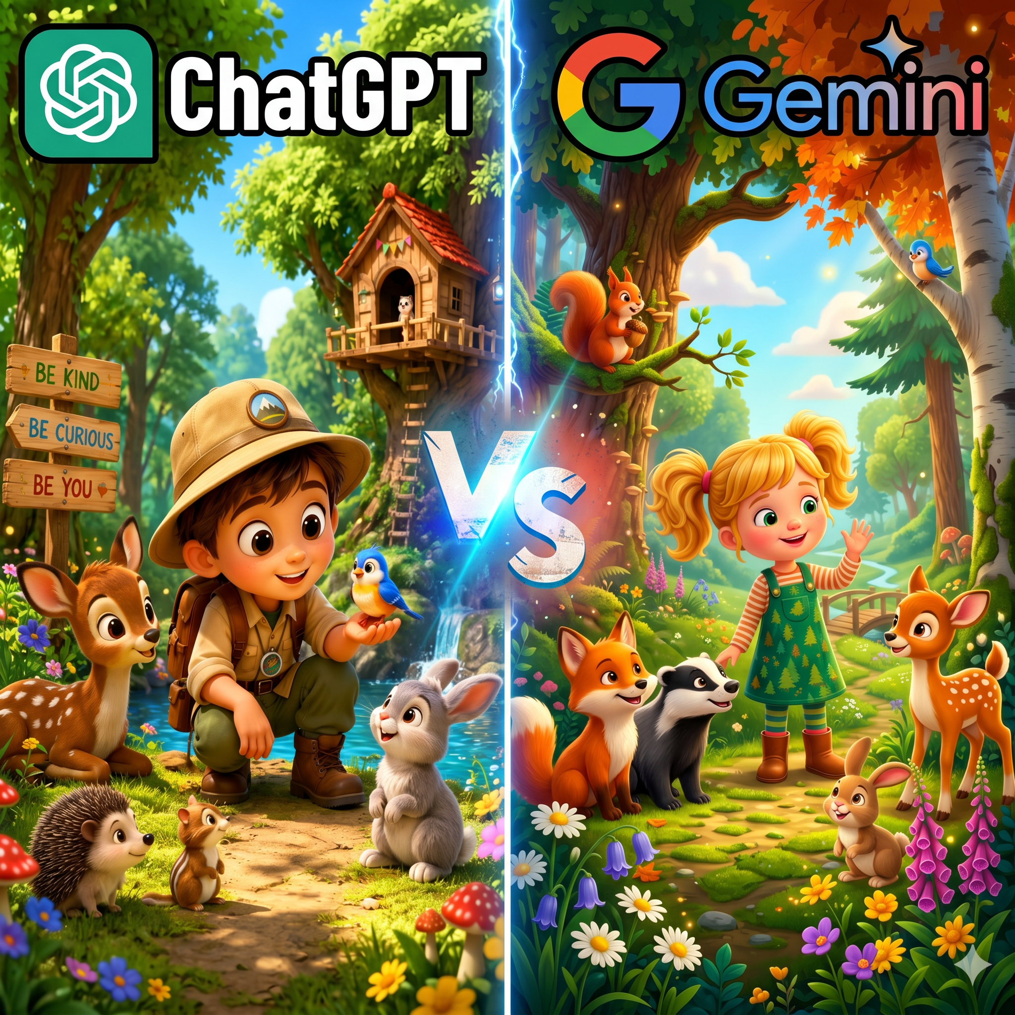 AI Design for Create a stunning YouTube thumbnail in 16:9 aspect ratio, ultra HD 4K, split-screen "VS" design.

Left side: A cute 3D cartoon forest scene with a young explorer boy surrounded by adorable animals (deer, rabbit, bird, hedgehog, squirrel), colorful flowers, magical sunlight, cinematic lighting, vibrant green forest, highly detailed Pixar/Disney style. Add the ChatGPT logo and bold text "ChatGPT" at the top.

Right side: A beautiful 3D cartoon forest scene with a cheerful little girl surrounded by cute animals (fox, deer, rabbit, squirrel, birds), enchanted forest background, glowing flowers, soft sunlight, highly detailed Pixar/Disney style. Add the Gemini logo and bold text "Gemini" at the top.

Center: Large glowing "VS" text with lightning effects and energy particles between both sides.

Style: MrBeast YouTube thumbnail style, extremely colorful, high contrast, eye-catching, cinematic composition, professional lighting, sharp details, viral thumbnail design, 4K.