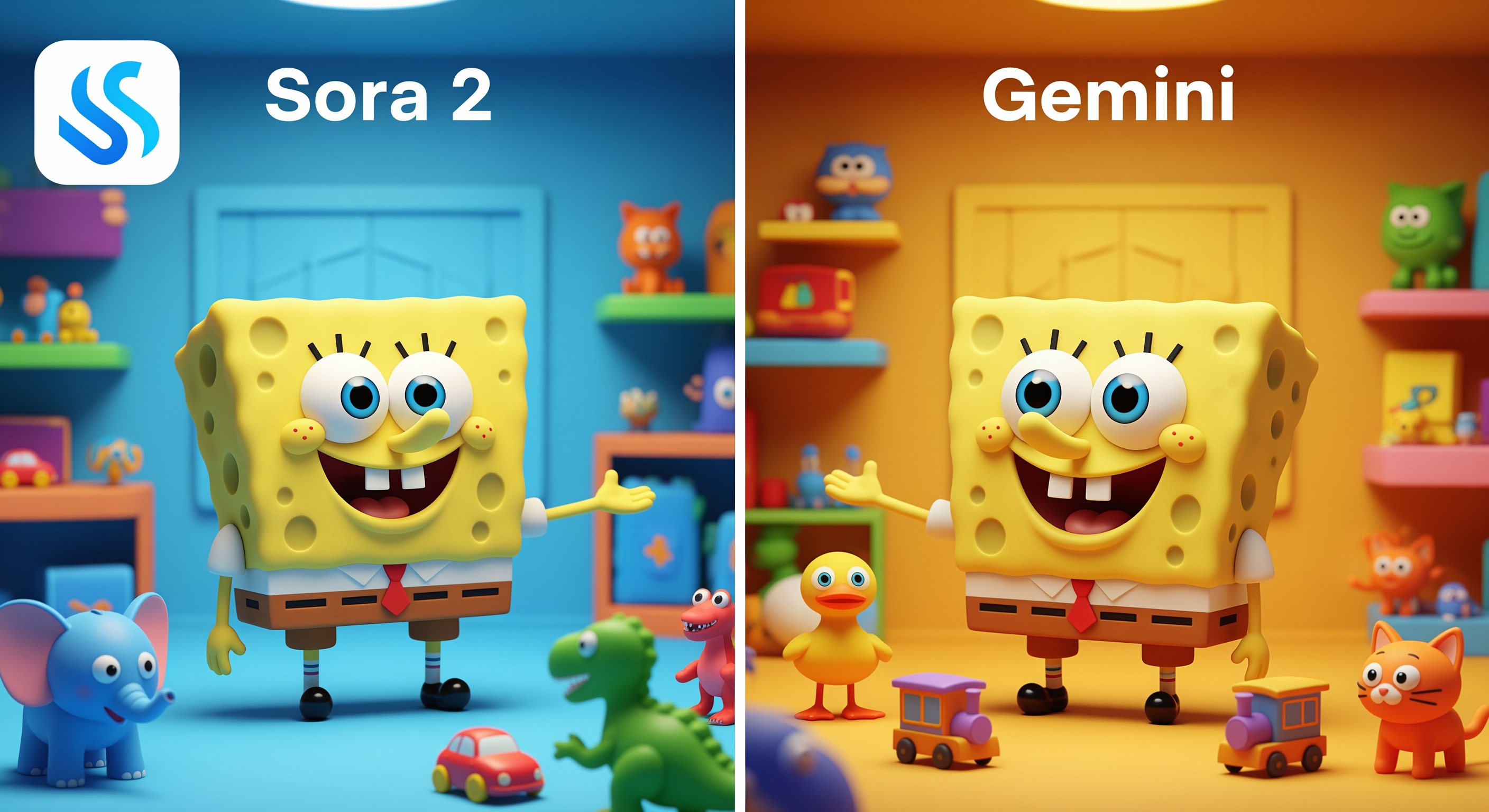 AI Design for Create a 4K YouTube thumbnail in a split-screen style comparing two AI models. Left side shows a cute yellow square sea sponge cartoon character standing in a colorful room with small toy animals and a blue AI app logo at the top, labeled "Sora 2". Right side shows a similar cute sea sponge character in a different colorful room with toy animals and the text "Gemini" at the top. Bright lighting, vibrant colors, cinematic shadows, ultra-detailed, high contrast, professional YouTube thumbnail design, expressive cartoon characters, clean composition, eye-catching, 16:9 aspect ratio, 4K resolution.