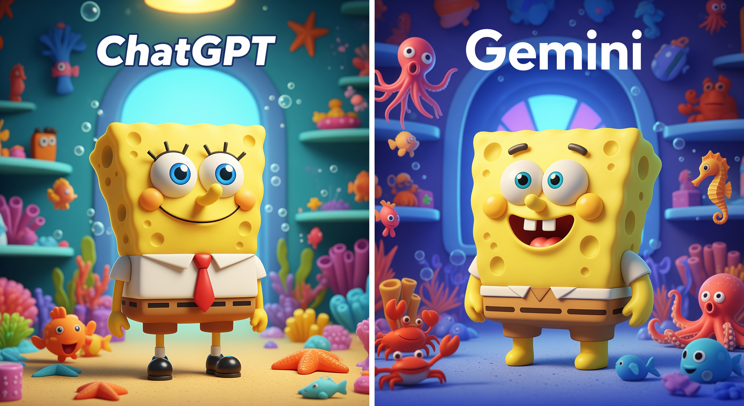 AI Design for .Create a 4K YouTube thumbnail (3840x2160, 16:9 aspect ratio) in a split-screen design.

LEFT SIDE (ChatGPT):
A cute yellow sea-sponge-inspired cartoon character with big blue eyes, white shirt, red tie, brown shorts, and black shoes, standing in a colorful toy room. The character should look cheerful and closely resemble the classic sea-sponge cartoon style without being an exact copy. Add the ChatGPT logo and large "ChatGPT" text at the top. Bright lighting, vibrant toys, cute sea creatures, and a playful atmosphere.

RIGHT SIDE (Gemini):
Create a noticeably different yellow sponge-inspired character with a different facial expression, slightly different body proportions, a bigger smile, and a more modern cartoon style. Place the character in a purple-blue toy room with different toys such as octopuses, crabs, and seahorses. Add the Gemini logo and large "Gemini" text at the top.

Professional YouTube thumbnail, ultra-detailed, vibrant colors, cinematic lighting, high contrast, eye-catching composition, clean separation line in the middle, 4K resolution.