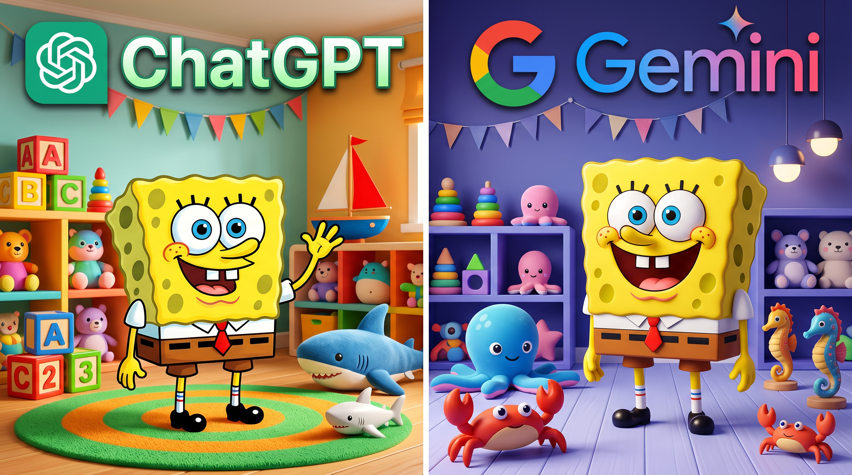 AI Design for .Create a 4K YouTube thumbnail (3840x2160, 16:9 aspect ratio) in a split-screen design.

LEFT SIDE (ChatGPT):
A cute yellow sea-sponge-inspired cartoon character with big blue eyes, white shirt, red tie, brown shorts, and black shoes, standing in a colorful toy room. The character should look cheerful and closely resemble the classic sea-sponge cartoon style without being an exact copy. Add the ChatGPT logo and large "ChatGPT" text at the top. Bright lighting, vibrant toys, cute sea creatures, and a playful atmosphere.

RIGHT SIDE (Gemini):
Create a noticeably different yellow sponge-inspired character with a different facial expression, slightly different body proportions, a bigger smile, and a more modern cartoon style. Place the character in a purple-blue toy room with different toys such as octopuses, crabs, and seahorses. Add the Gemini logo and large "Gemini" text at the top.

Professional YouTube thumbnail, ultra-detailed, vibrant colors, cinematic lighting, high contrast, eye-catching composition, clean separation line in the middle, 4K resolution.
