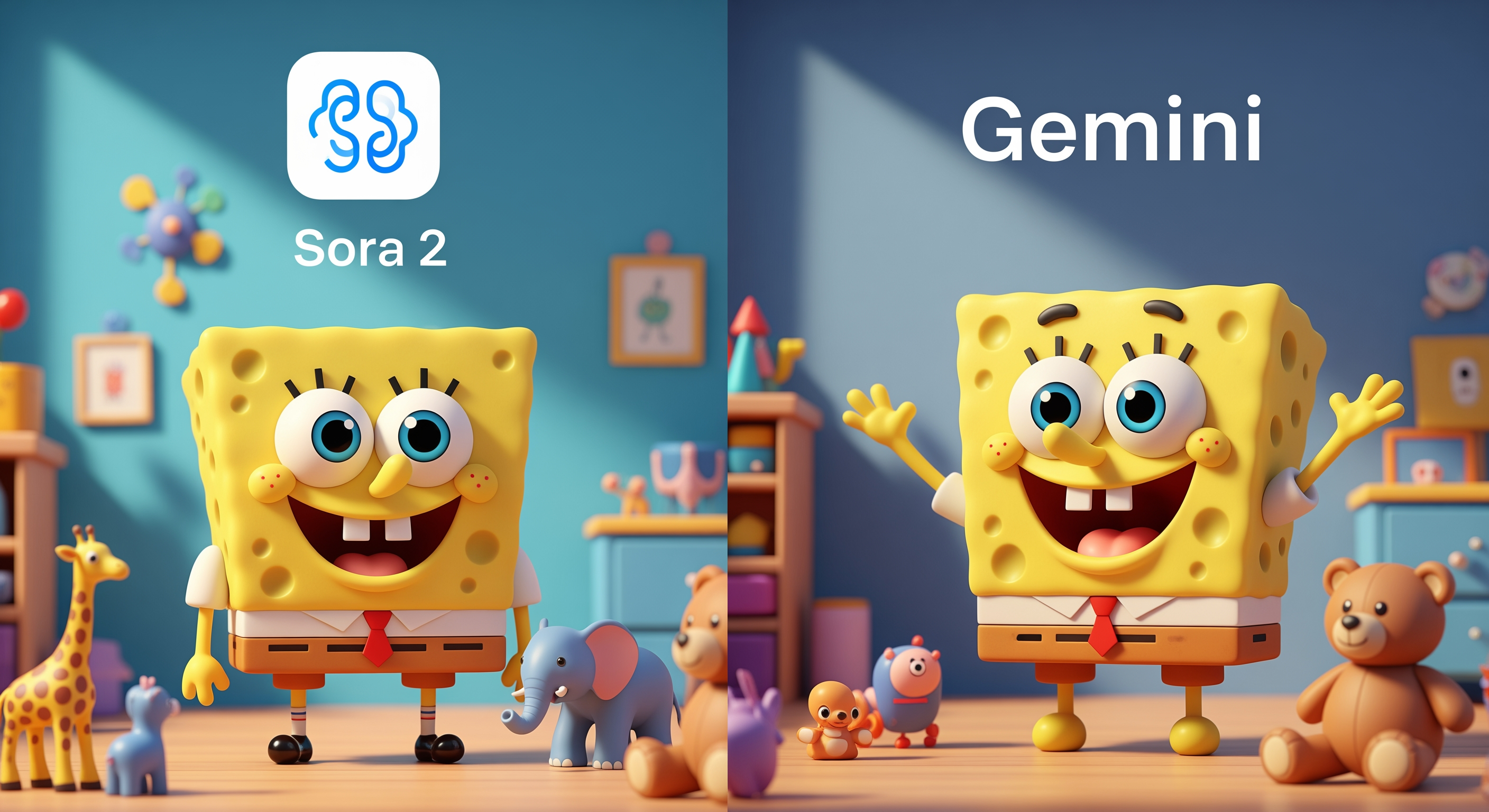AI Design for Create a 4K YouTube thumbnail in a split-screen style comparing two AI models. Left side shows a cute yellow square sea sponge cartoon character standing in a colorful room with small toy animals and a blue AI app logo at the top, labeled "Sora 2". Right side shows a similar cute sea sponge character in a different colorful room with toy animals and the text "Gemini" at the top. Bright lighting, vibrant colors, cinematic shadows, ultra-detailed, high contrast, professional YouTube thumbnail design, expressive cartoon characters, clean composition, eye-catching, 16:9 aspect ratio, 4K resolution.