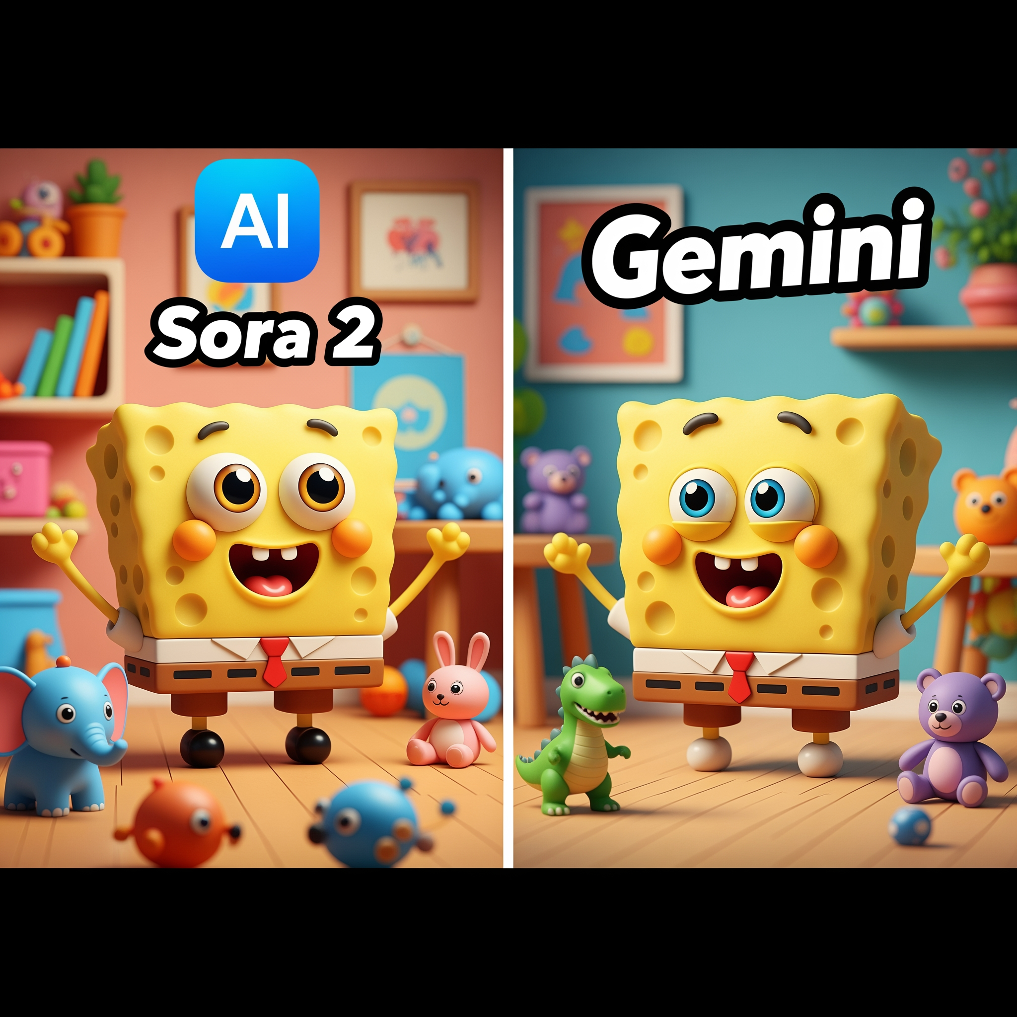 AI Design for Create a 4K YouTube thumbnail in a split-screen style comparing two AI models. Left side shows a cute yellow square sea sponge cartoon character standing in a colorful room with small toy animals and a blue AI app logo at the top, labeled "Sora 2". Right side shows a similar cute sea sponge character in a different colorful room with toy animals and the text "Gemini" at the top. Bright lighting, vibrant colors, cinematic shadows, ultra-detailed, high contrast, professional YouTube thumbnail design, expressive cartoon characters, clean composition, eye-catching, 16:9 aspect ratio, 4K resolution.