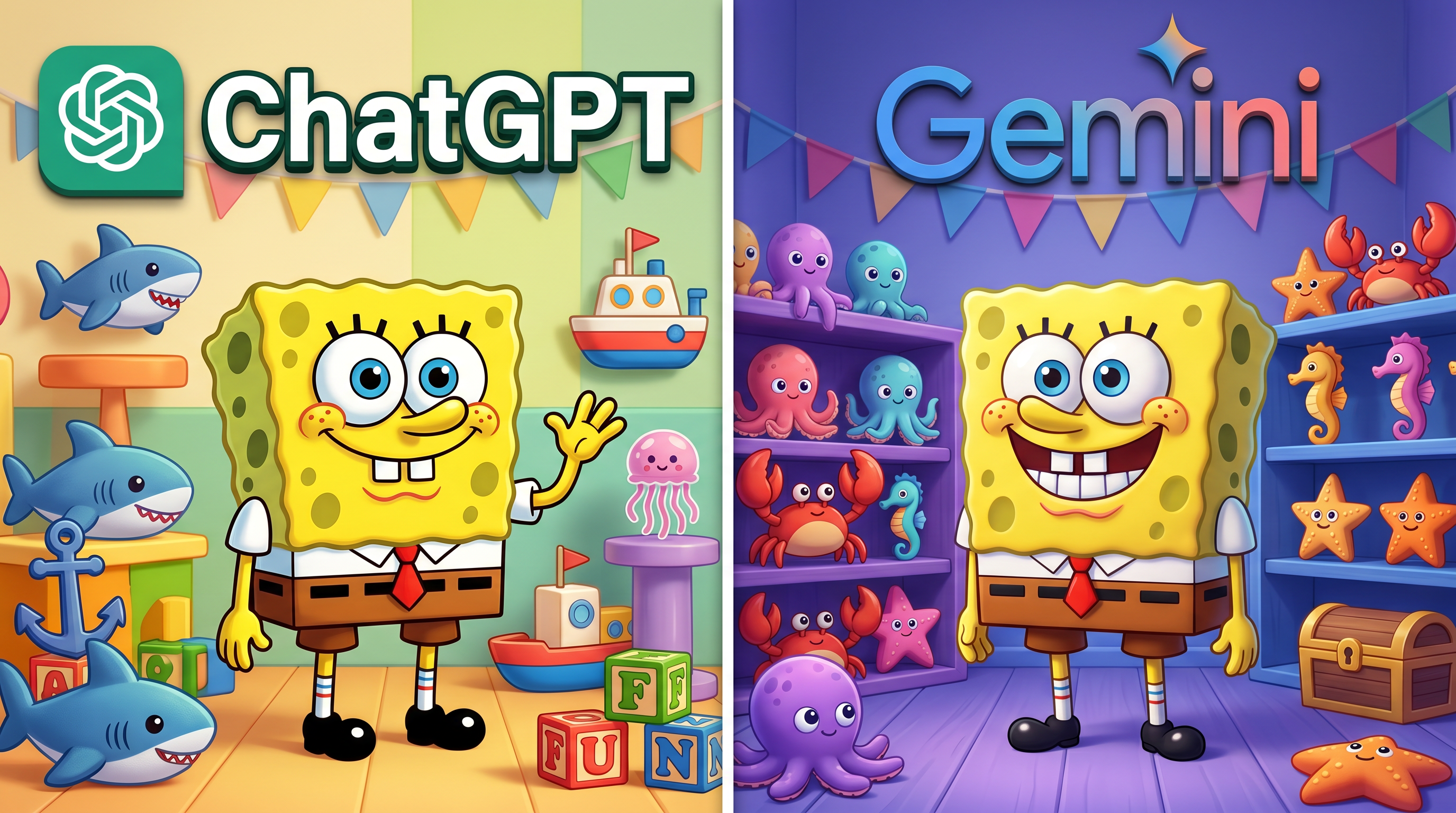 AI Design for .Create a 4K YouTube thumbnail (3840x2160, 16:9 aspect ratio) in a split-screen design.

LEFT SIDE (ChatGPT):
A cute yellow sea-sponge-inspired cartoon character with big blue eyes, white shirt, red tie, brown shorts, and black shoes, standing in a colorful toy room. The character should look cheerful and closely resemble the classic sea-sponge cartoon style without being an exact copy. Add the ChatGPT logo and large "ChatGPT" text at the top. Bright lighting, vibrant toys, cute sea creatures, and a playful atmosphere.

RIGHT SIDE (Gemini):
Create a noticeably different yellow sponge-inspired character with a different facial expression, slightly different body proportions, a bigger smile, and a more modern cartoon style. Place the character in a purple-blue toy room with different toys such as octopuses, crabs, and seahorses. Add the Gemini logo and large "Gemini" text at the top.

Professional YouTube thumbnail, ultra-detailed, vibrant colors, cinematic lighting, high contrast, eye-catching composition, clean separation line in the middle, 4K resolution.