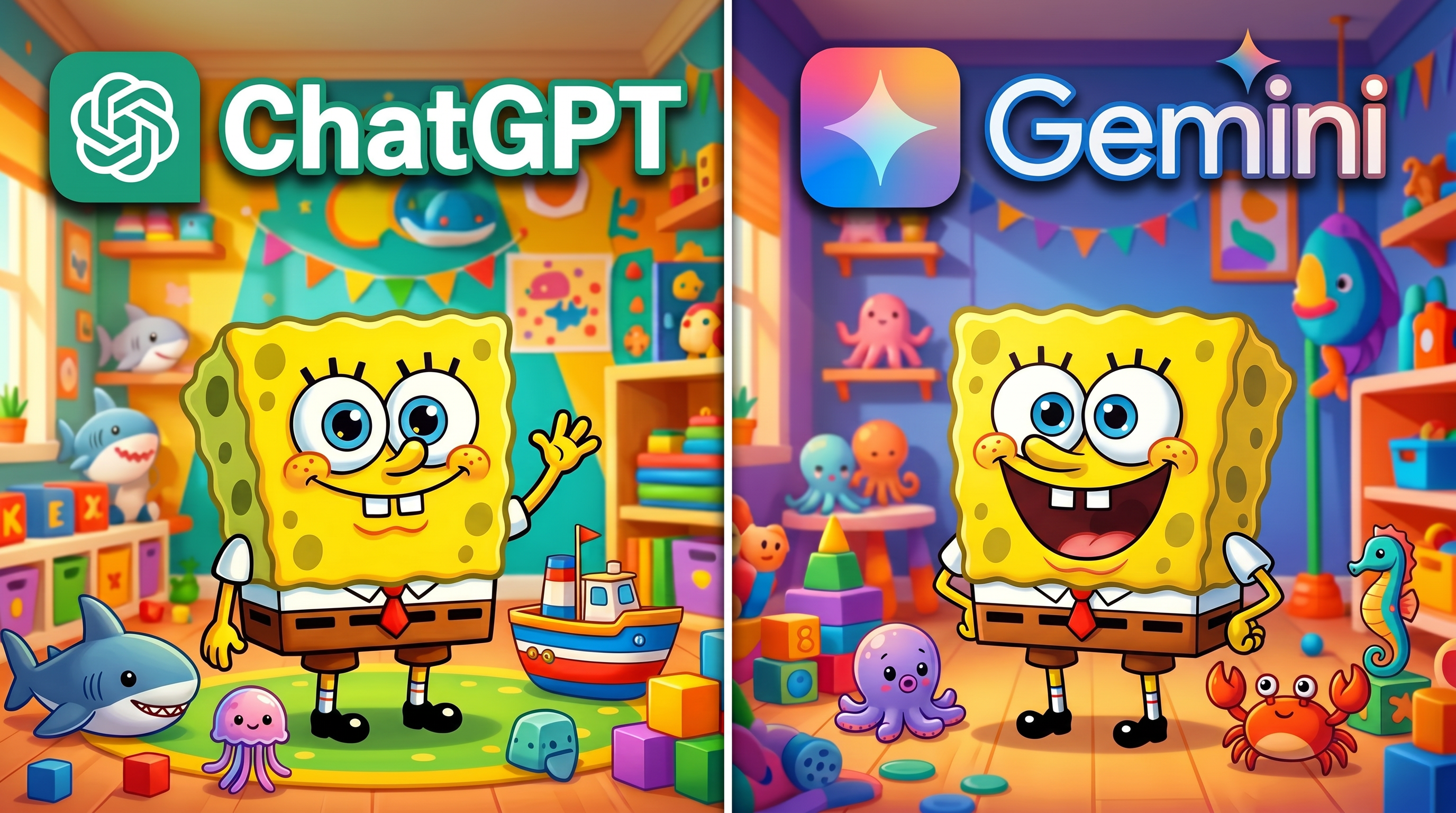 AI Design for .Create a 4K YouTube thumbnail (3840x2160, 16:9 aspect ratio) in a split-screen design.

LEFT SIDE (ChatGPT):
A cute yellow sea-sponge-inspired cartoon character with big blue eyes, white shirt, red tie, brown shorts, and black shoes, standing in a colorful toy room. The character should look cheerful and closely resemble the classic sea-sponge cartoon style without being an exact copy. Add the ChatGPT logo and large "ChatGPT" text at the top. Bright lighting, vibrant toys, cute sea creatures, and a playful atmosphere.

RIGHT SIDE (Gemini):
Create a noticeably different yellow sponge-inspired character with a different facial expression, slightly different body proportions, a bigger smile, and a more modern cartoon style. Place the character in a purple-blue toy room with different toys such as octopuses, crabs, and seahorses. Add the Gemini logo and large "Gemini" text at the top.

Professional YouTube thumbnail, ultra-detailed, vibrant colors, cinematic lighting, high contrast, eye-catching composition, clean separation line in the middle, 4K resolution.